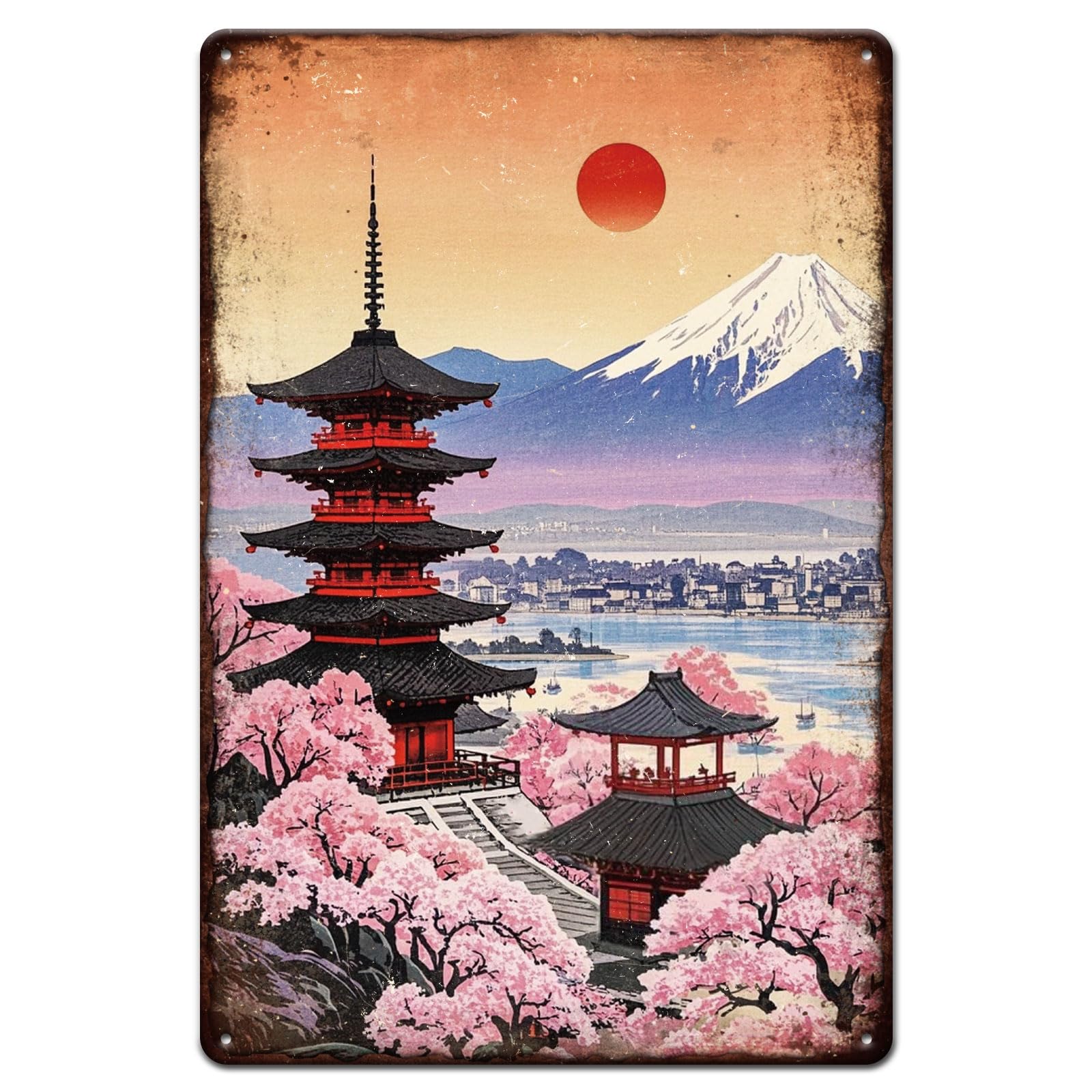 GLOBLELAND Vintage Japanese Landscape Metal Tin Sign 12x8inch Sunset Snow Mountains Tin Signage Decor Signs Cherry Blossoms Wall Metal Plaque for Home Living Room Farmhouse Cafes Hallway Decoration