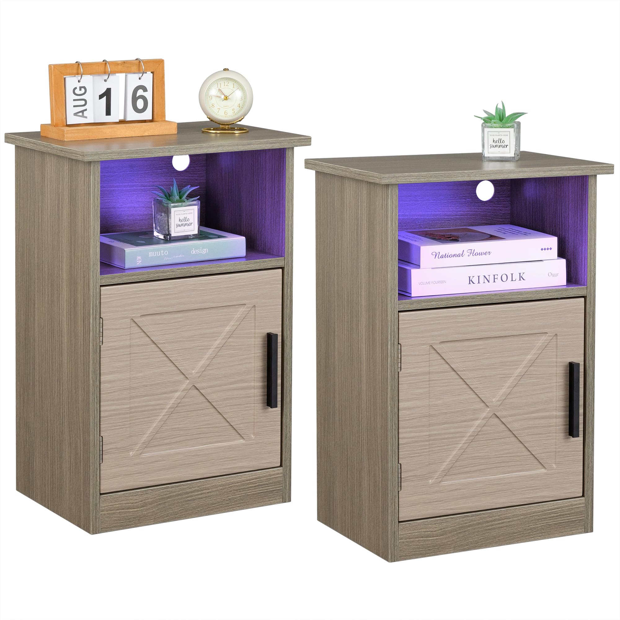 AiSONYUNG Farmhouse Nightstand with Barn Door and Storage Set of 2, Wood LED Light Nightstand with Cabinet, Rustic end Table for Bedroom, Living Room-Grey Wash