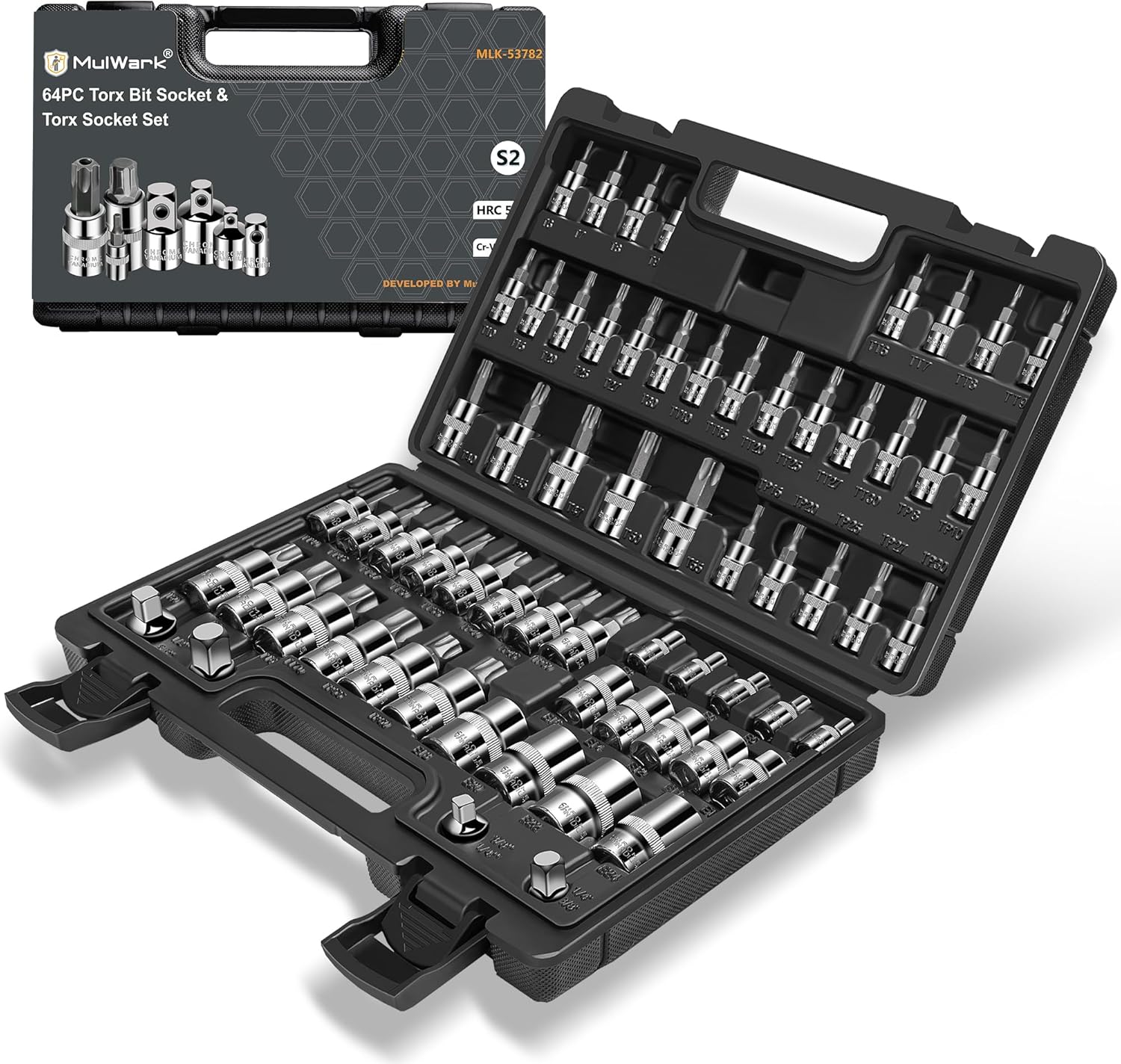 MulWark Torx Socket Set 64-Piece | 3/8, 1/4, 1/2 in. Drive Bit Socket Set and External Torx Socket Set w./ Impact Adapter and Reducer | S2 and Cr-V Steel