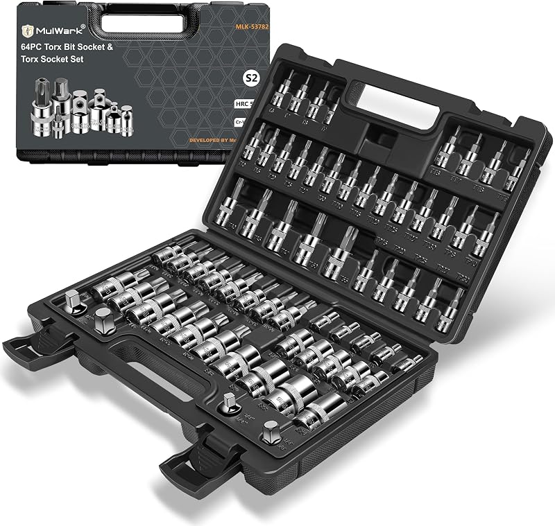 Jogo de Soquetes Torx MULWARK com Bits S2 e Soquetes em Aço Cromo-Vanádio, Encaixes de 6,35 mm, 9,525 mm e 12,7 mm, 64 peças