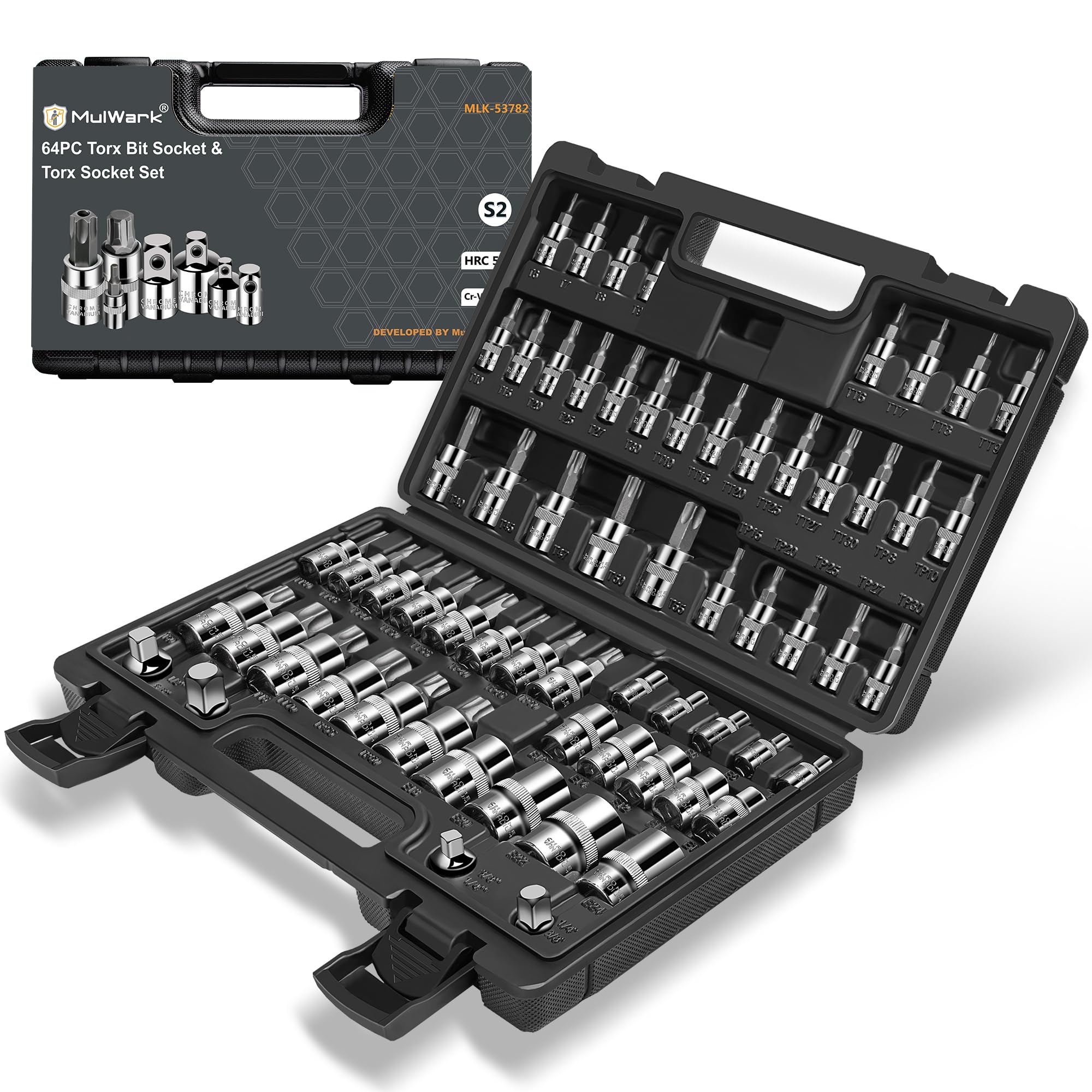 mulwark 64-piece master-torx-automotive-mechanics-tool  38 14 12 in drive bit socket set and external torx socket set w impact adapter and reducer  s2 and cr-v steel