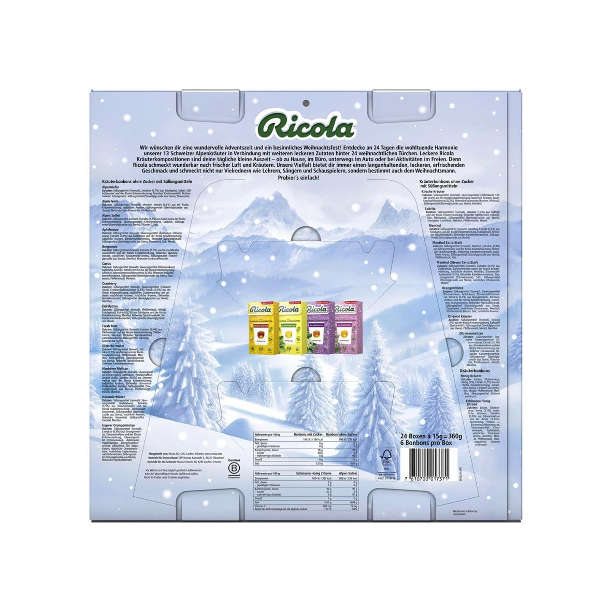Ricola Adventskalender 2025, 24 Türchen, Mix aus Kräuter-Bonbons, Süßigkeiten Weihnachts-Kalender, geeignet für Kinder und Erwachsene, 1 x 360g (Verpackungsdesign kann abweichen)