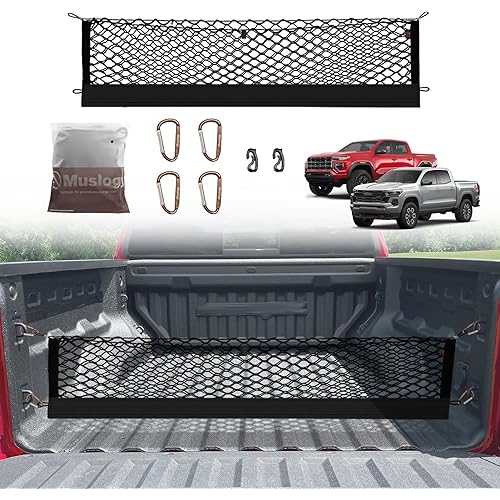 Muslogy Truck Bed Cargo Net Compatible with Chevrolet Colorado & GMC Canyon 2023 2024 2025 Accessories Storage Organizer Pickup Truck Bed Envelope Style Cargo Net with Heavy Duty Carabiners