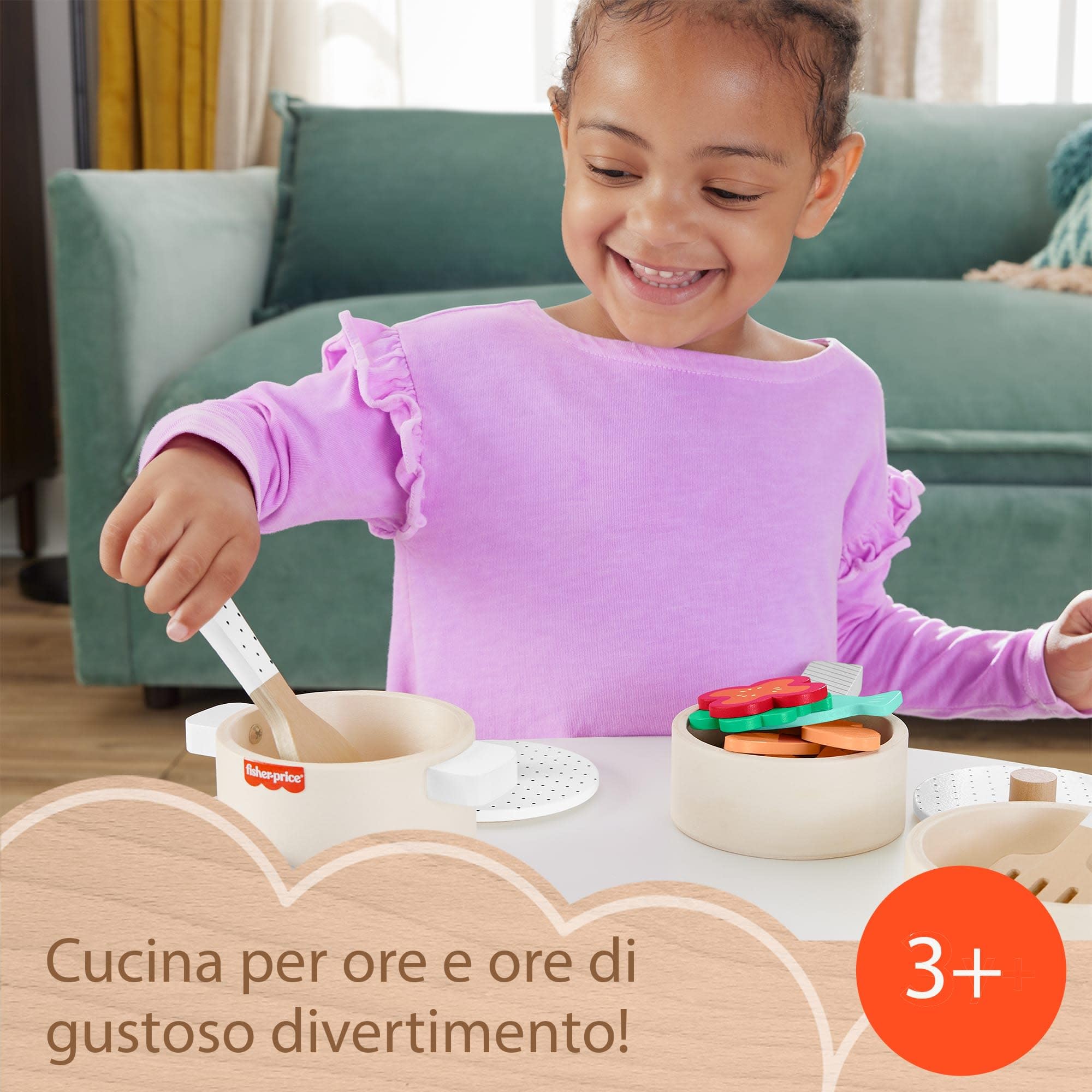 Fisher-Price - Set in Legno Cuciniamo Insieme, playset a Tema Cucina con 19 Pezzi in Legno tra Cui pentola, padelle, vivande e Utensili Vari da Cucina, Giocattolo per Bambini, 3+ Anni, HXT83