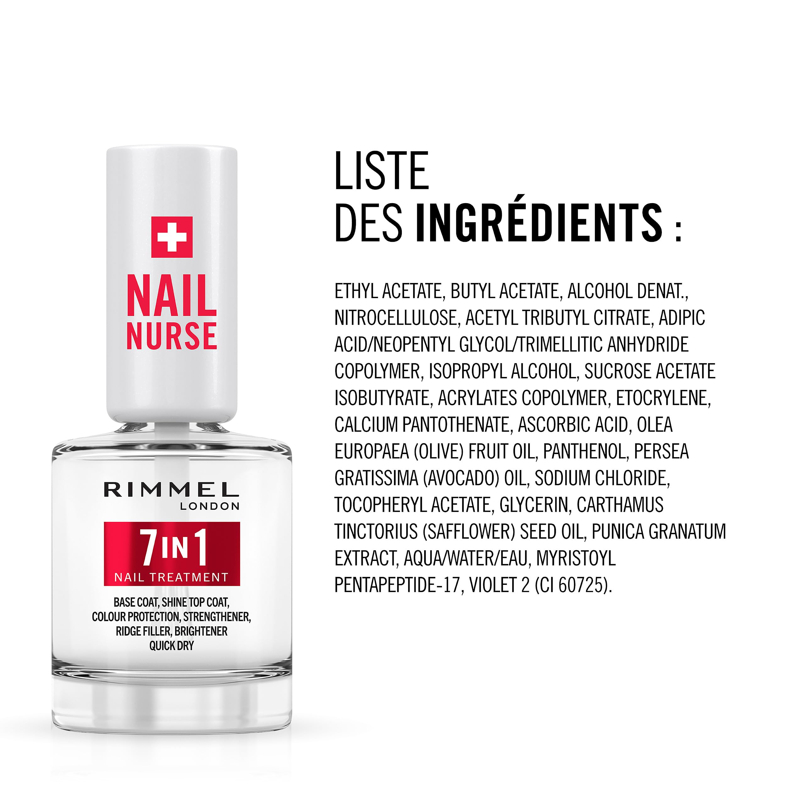 Rimmel London Soin des ongles - Base & Top Coat 7 en 1 polyvalents, sèche rapidement, fini lisse, protège les ongles, scelle la couleur, formule vegan 12 ml