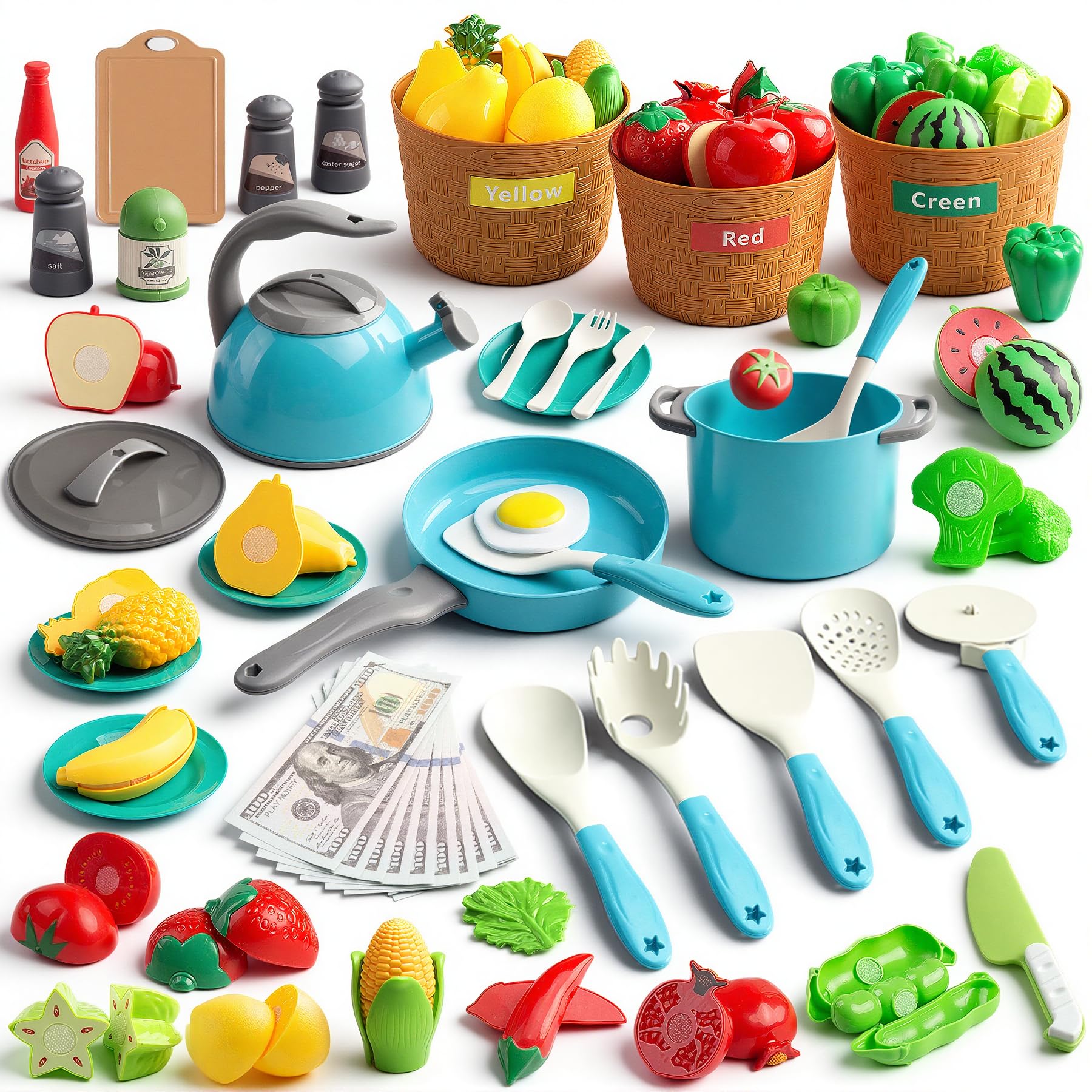 90Pcs Kitchen Playset Accessories, Pretend Cooking with Pots, Pans, Cookware, Food, Fruit, Veges, Color Sorting Baskets, Prop Money, Learning Gift for Girls Boys Toddlers (Turquoise)