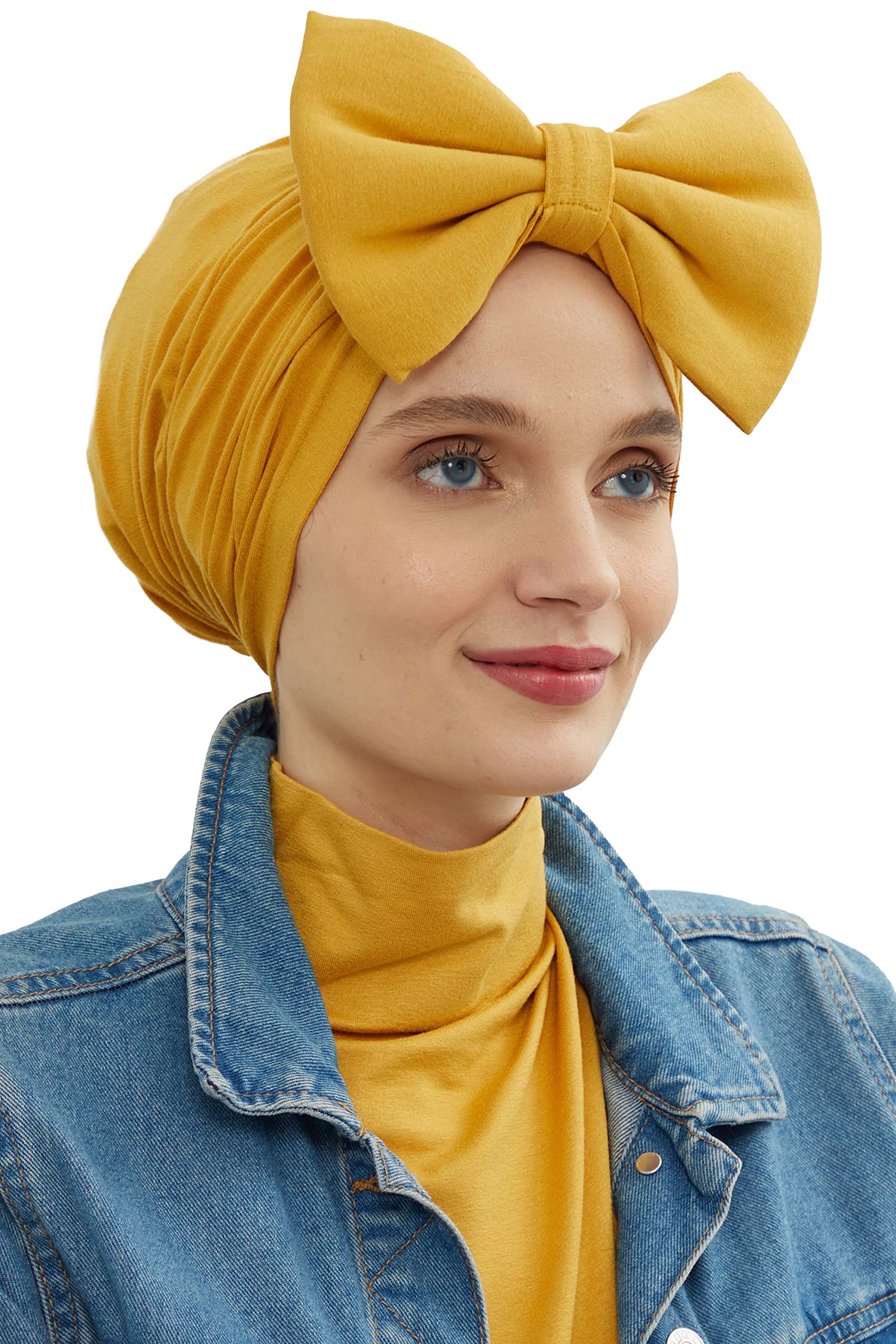 Aisha's Design Women's Mustard Instant Turban Head Wraps, Cotton Hijab Scarf, Turbans For Chemo Headwear For Uk, Turban Headbands For Turban, Yellow Scarf With Bow For Uk