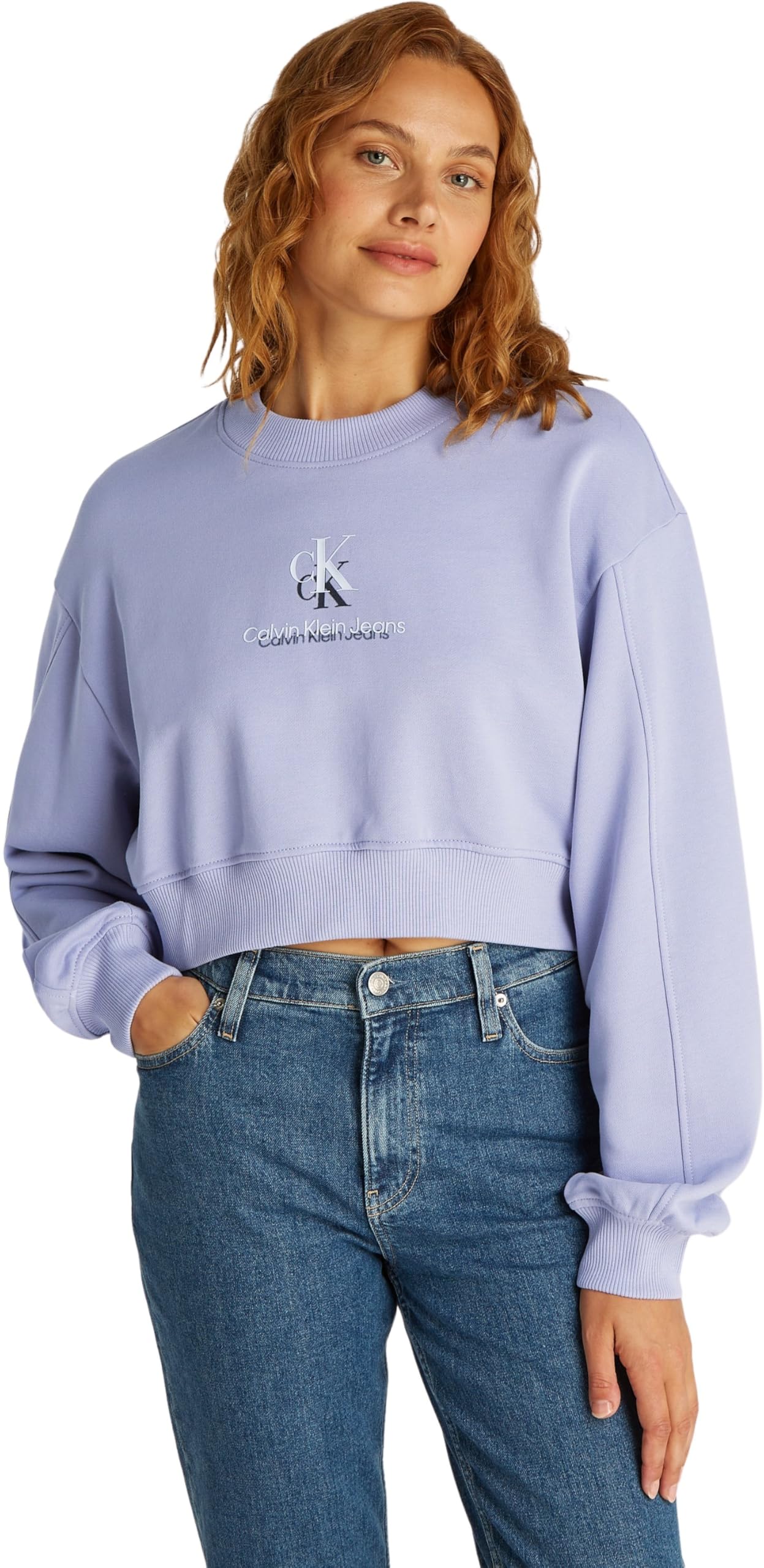 Calvin Klein Women’s Crew Neck Shadow Graphic Cropped Sweatshirt, Purple (Persian Violet), L