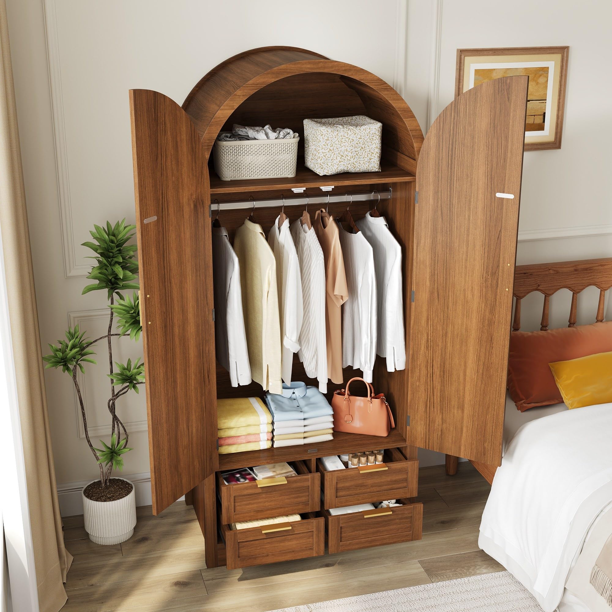 Geschwungener Kleiderschrank Holz mit Rattan Türen und Schubladen, 2 Türen Kleiderschrank Klein Im Modernen Landhausstil, Stabile Beine für Schlafzimmer & Flur, 80x50x179cm, Walnuss,A