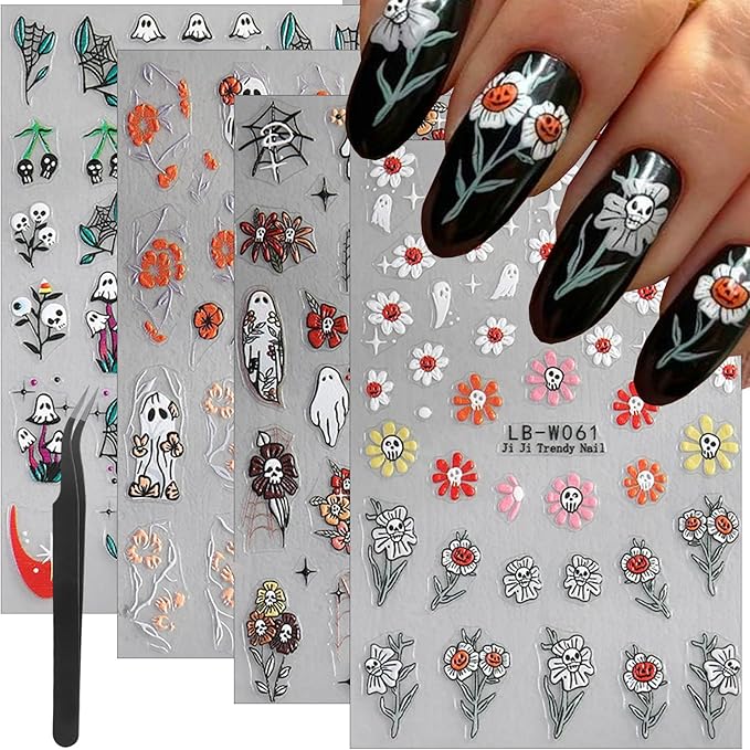 4 Sheets Halloween Nail Art Stickers With Tweezers - Horror Ghost Self-Adhesive Embossed Flower Skull Decals - Cute Sunflower Designs for Women Girls DIY Nail Decoration