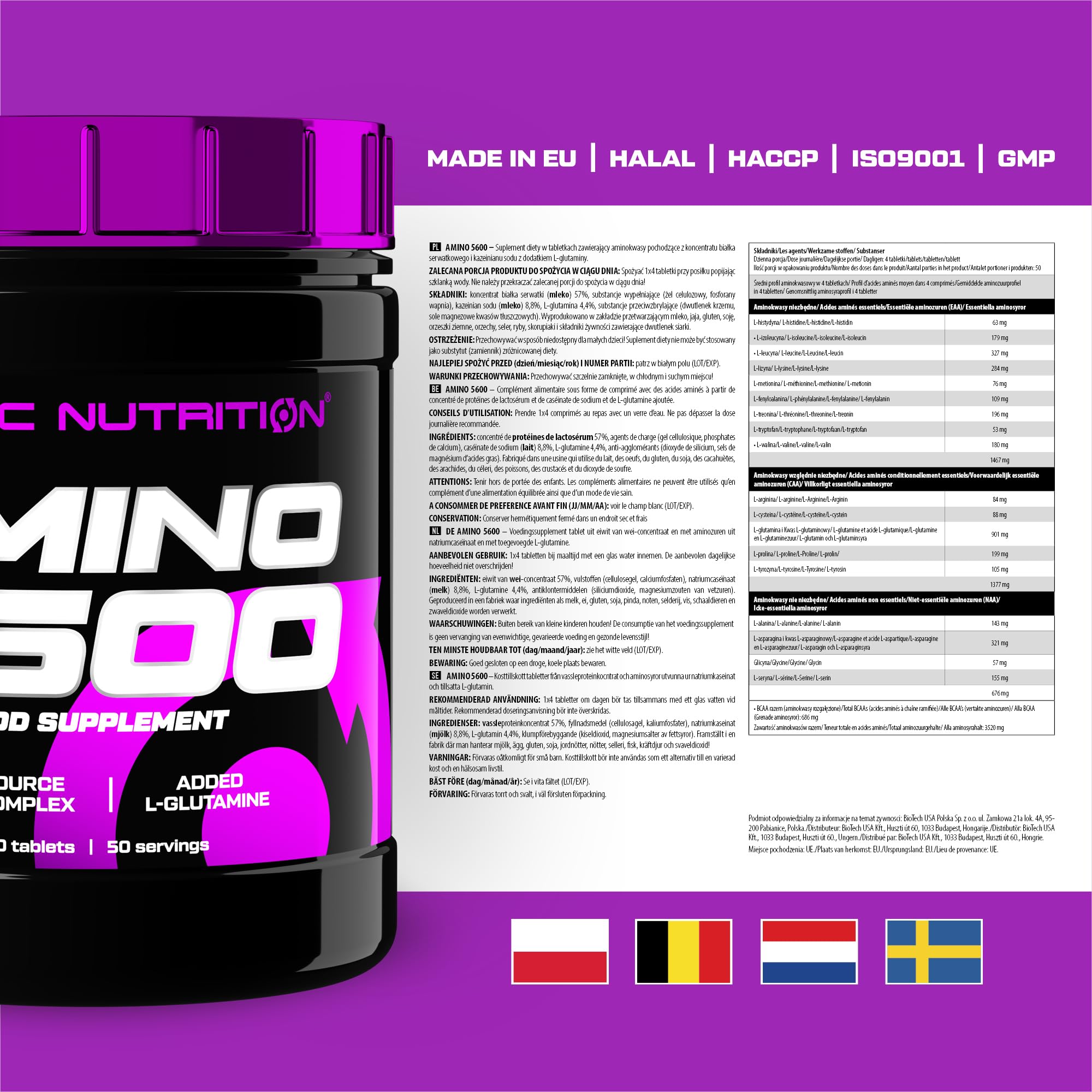 Scitec Nutrition Amino 5600 Tablets, niezbędne aminokwasy BCAA z L-glutaminą, wspomagają regenerację i wzrost mięśni, formuła białka serwatkowego i kazeinianu, 500 tabletek