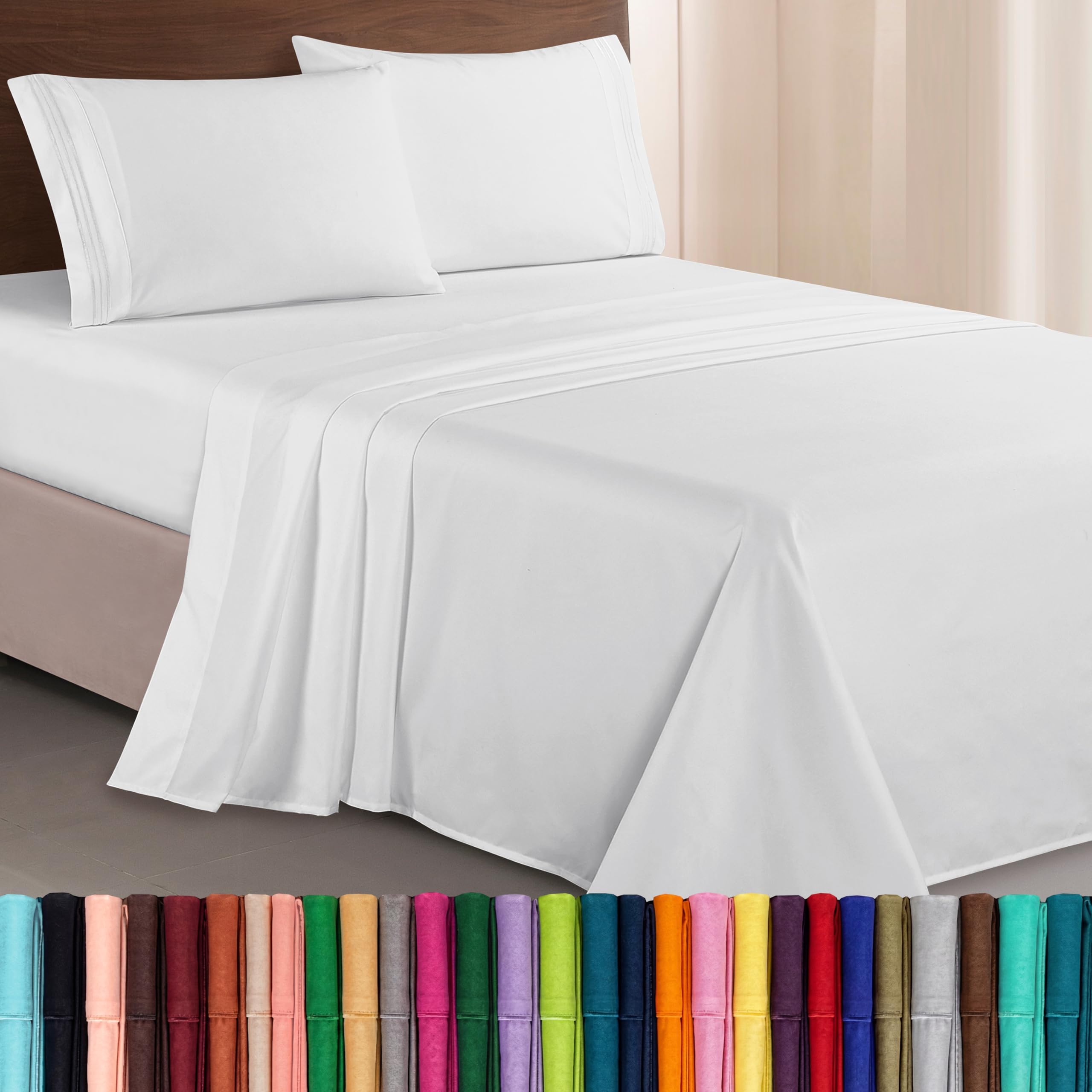 Luxurious 1500 Premium Hotel Quality Microfiber Three Line Embroidered Softest 4-Piece Bed Sheet Set, Wrinkle and Fade Resistant, King, White