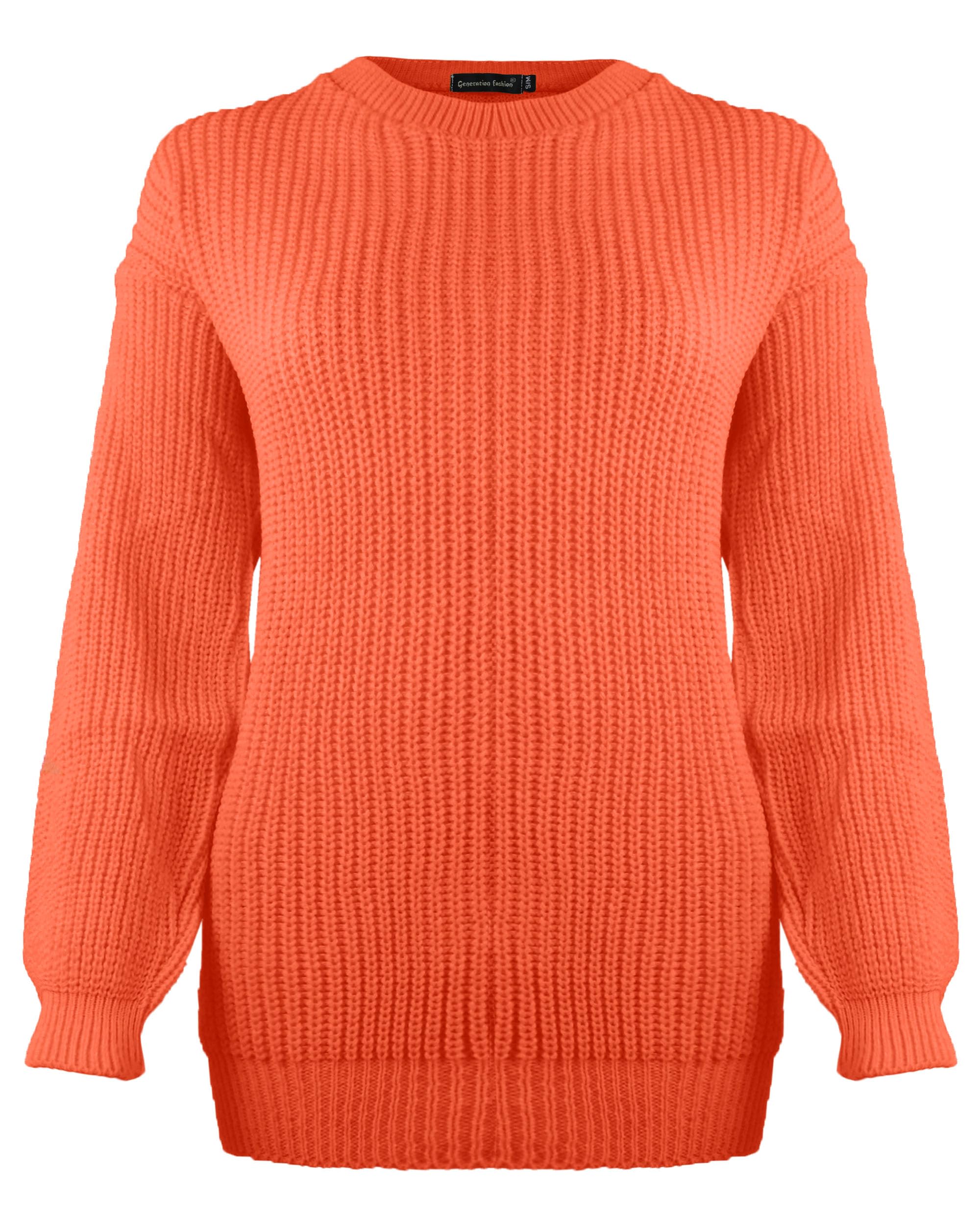 Generation Fashion New Ladies Women Oversized Long Sleeve Knitted Baggy Jumper Sweater Crew Neck Pullover Top[Fanta,LXL]