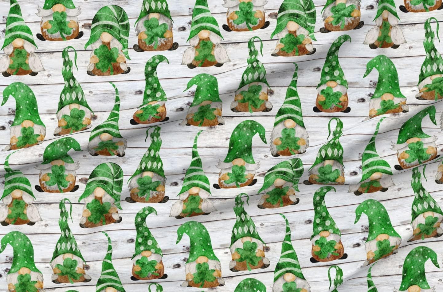 Spoonflower Fabric - Irish Gnomes Green Gnome Watercolor Shamrock Ireland Printed on Organic Cotton Sateen Fabric by The Yard - Sewing Quilting Apparel Home Decor
