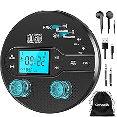Portable CD Player with Bluetooth, Disman CD Player for Car with FM Transmitter, Rechargeable CD Player Portable with Anti-Skip Protection, Headphones, AUX/USB Supported, LCD Display(Black)