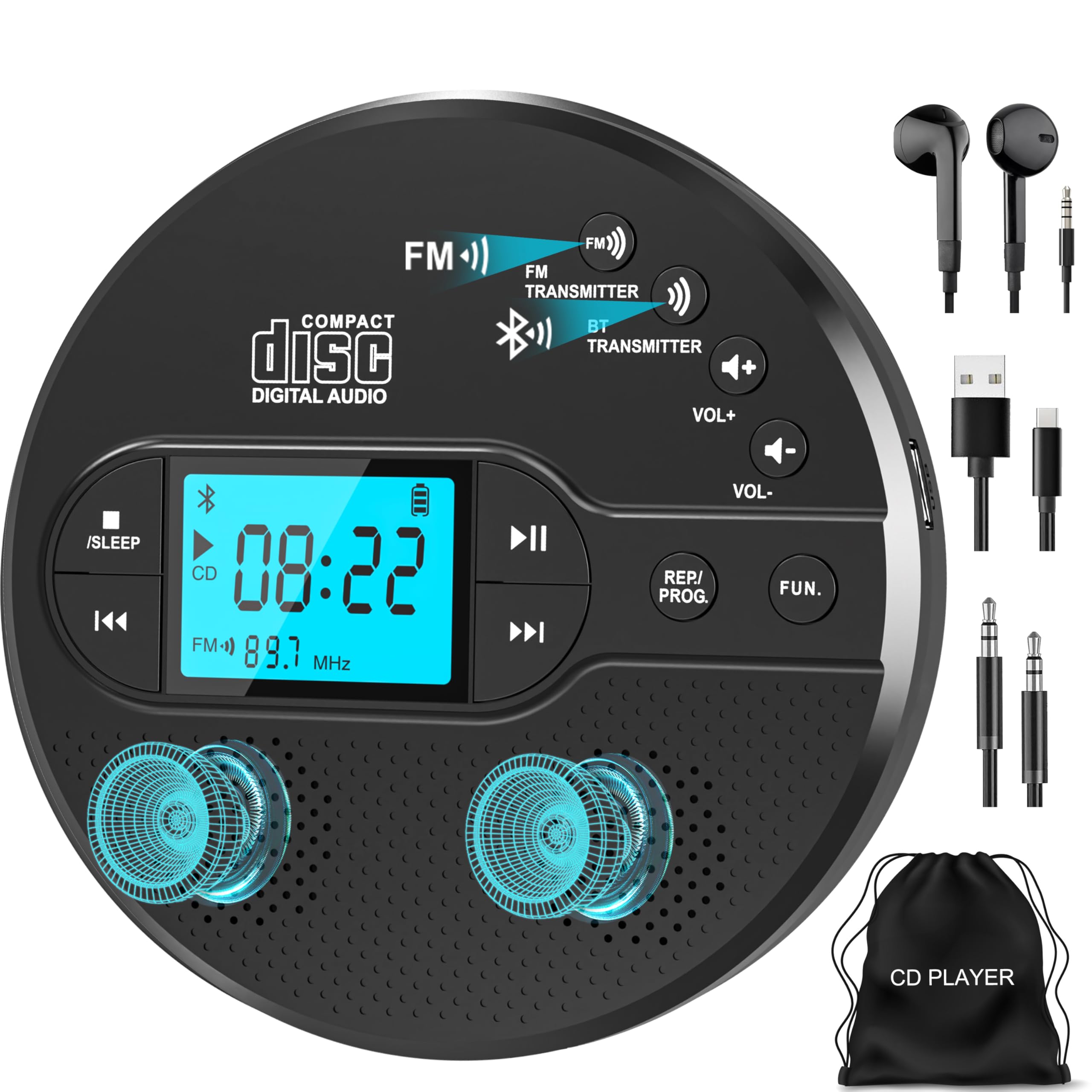 Portable CD Player with Bluetooth, Discman CD Player for Car with FM Transmitter, Rechargeable CD Player Portable with Anti-Skip Protection, Headphones, AUX/USB Supported, LCD Display(Black)