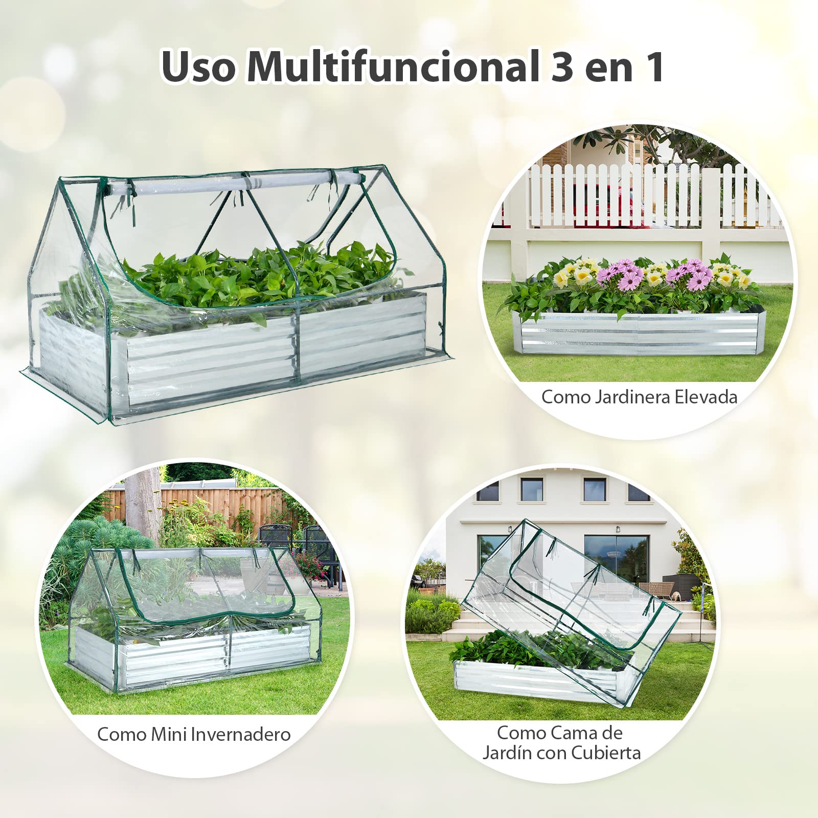 COSTWAY Cama de Jardín Elevada Galvanizada con Invernadero, Huerto Urbano Elevado, Jardinera Exterior sin Fondo con Cubierta, Ventanas Enrollables de 2 Niveles (180 x 90 x 91 cm)