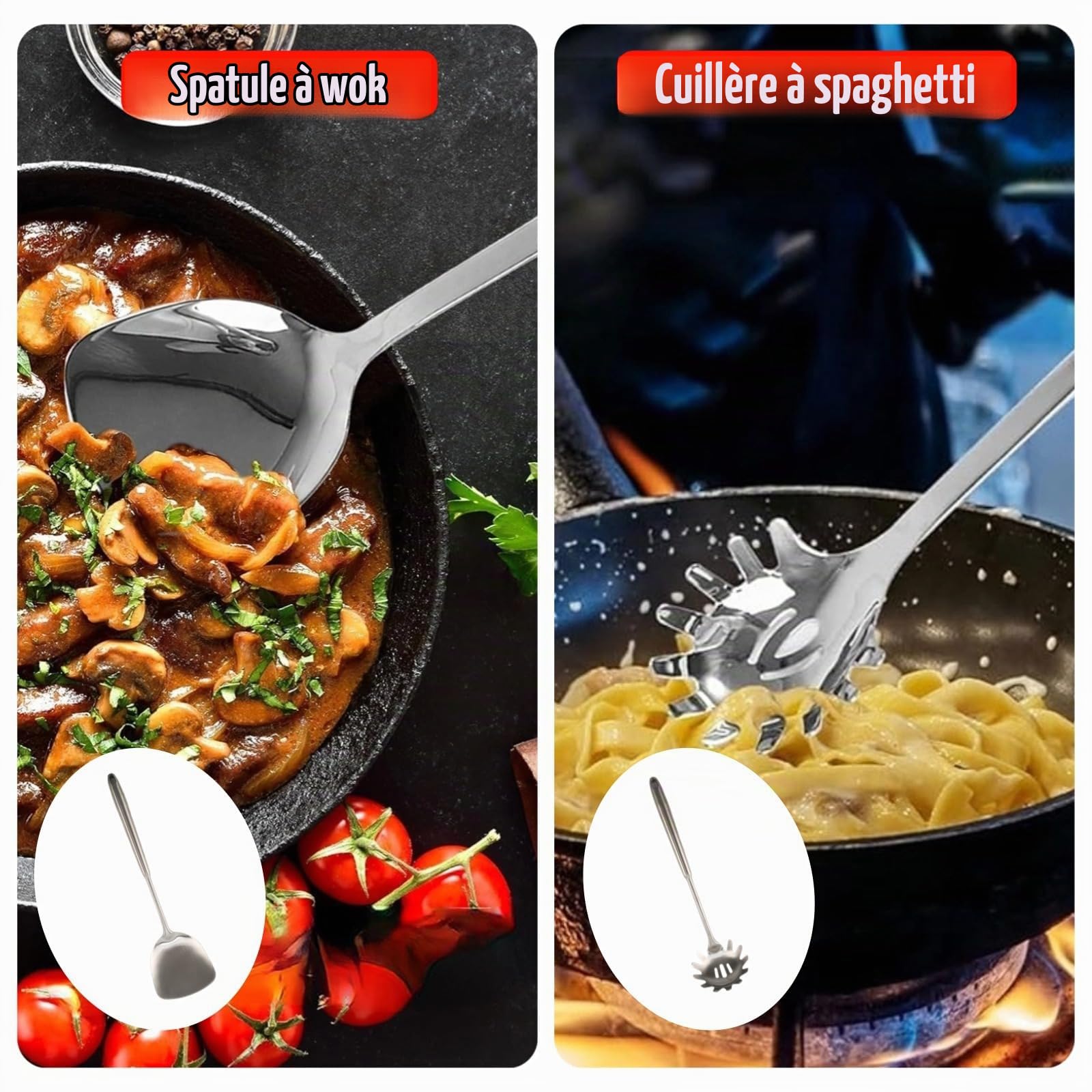 Set of 6 Stainless Steel Kitchen Utensils Spatula Ladle Spoon | Professional Dishwasher Handle Stainless Steel Kitchen Utensils, Long Anti-Burning for Wok Cast Iron Frying Pan Non-Stick