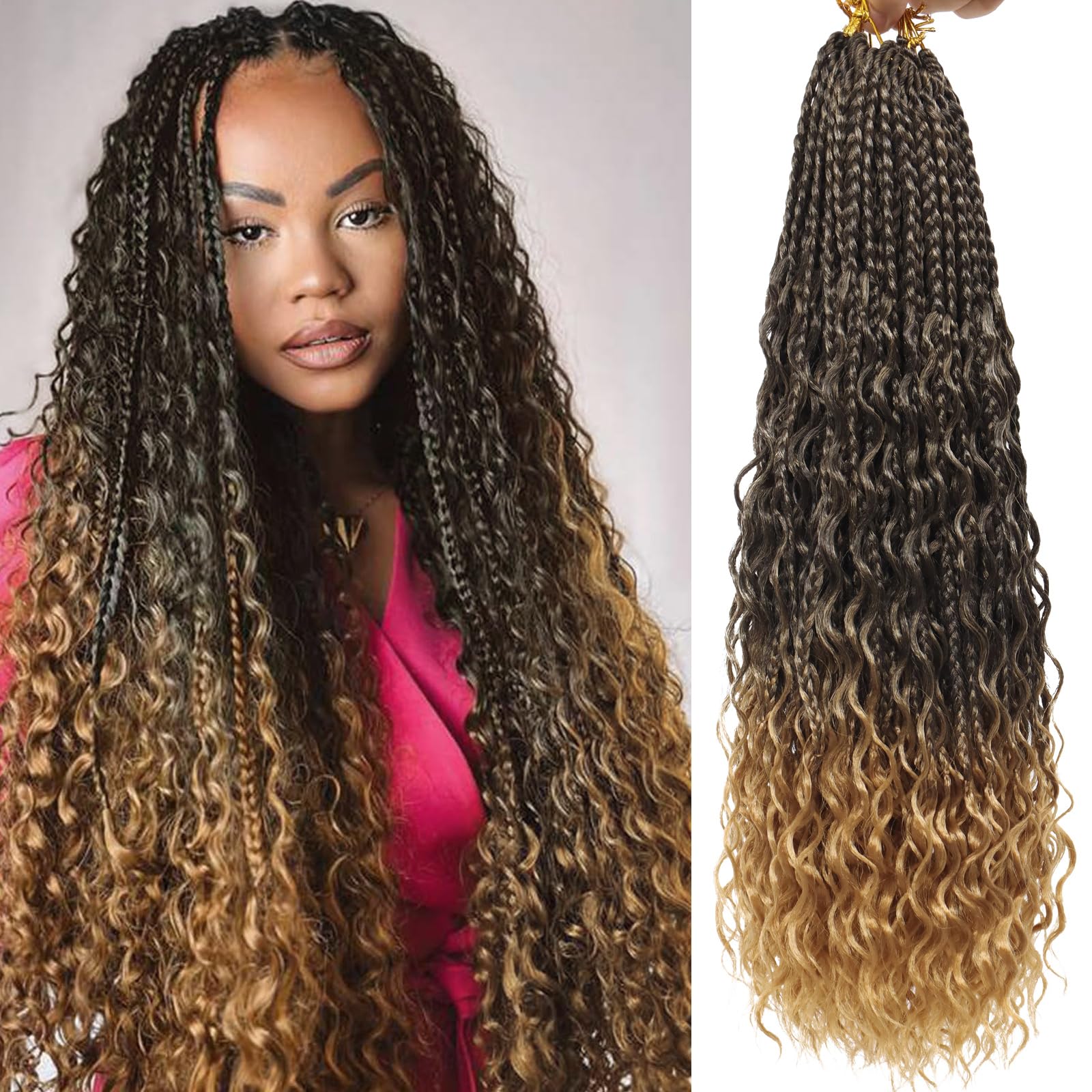 Eeanno Goddess Box Braids Crochet Hair 18 Inch 7 Packs Honey Blonde Boho Hair for Women Pre Looped Crochet Box Braids with Curly Ends, T1B/27