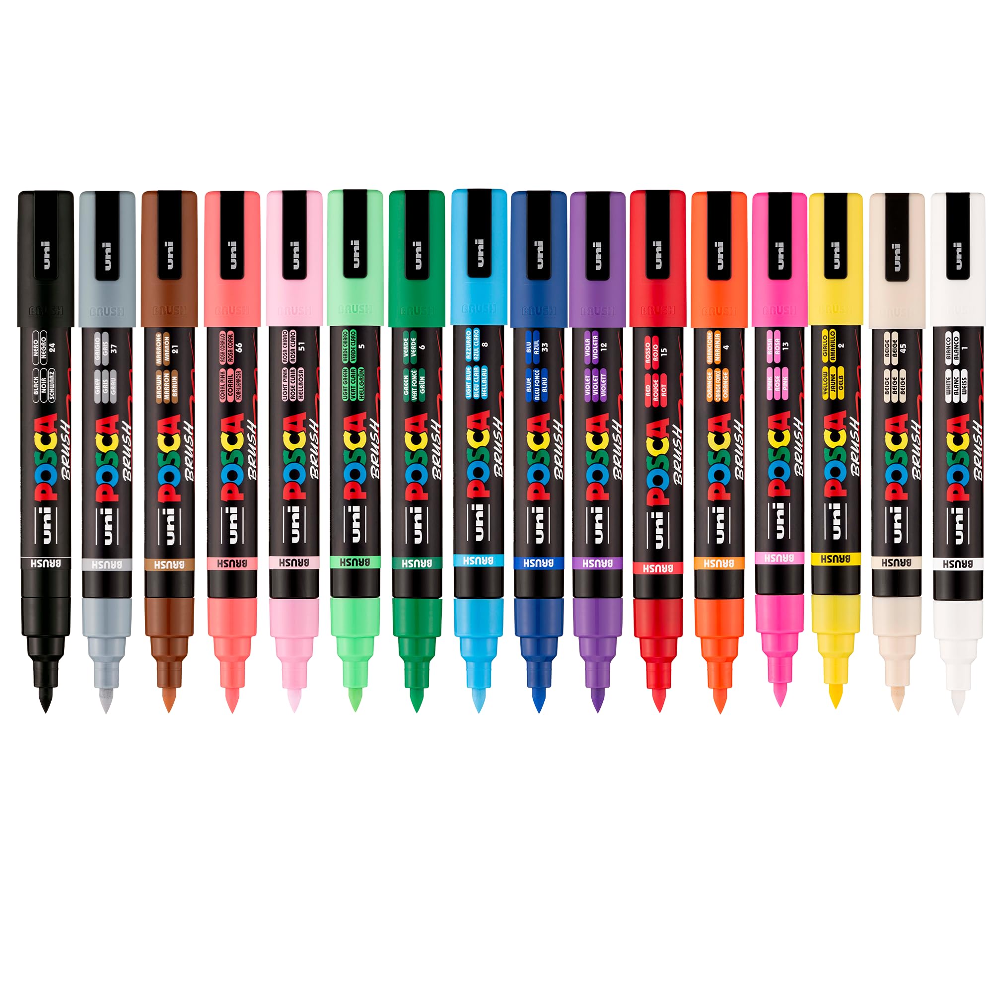 POSCA PC-5BR Marqueurs à peinture à base d'eau, pointe brosse réversible (1,0-4,0 mm), couleurs assorties, pack de 16