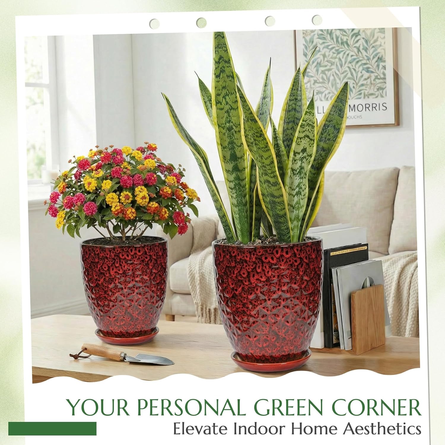 11.8 Inch Flower pots for Indoor Plants,Ceramic Planter with Saucer Drainage Leak-Proof Mesh Gardening Gloves (Diamond Red)