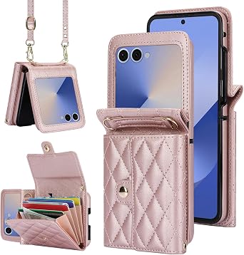 for Samsung Galaxy Z Flip 7 Accordion Crossbody Wallet Case, 4 Card Slots, RFID Blocking, and Adjustable Strap - Stylish and Versatile Accessory.Rose Gold