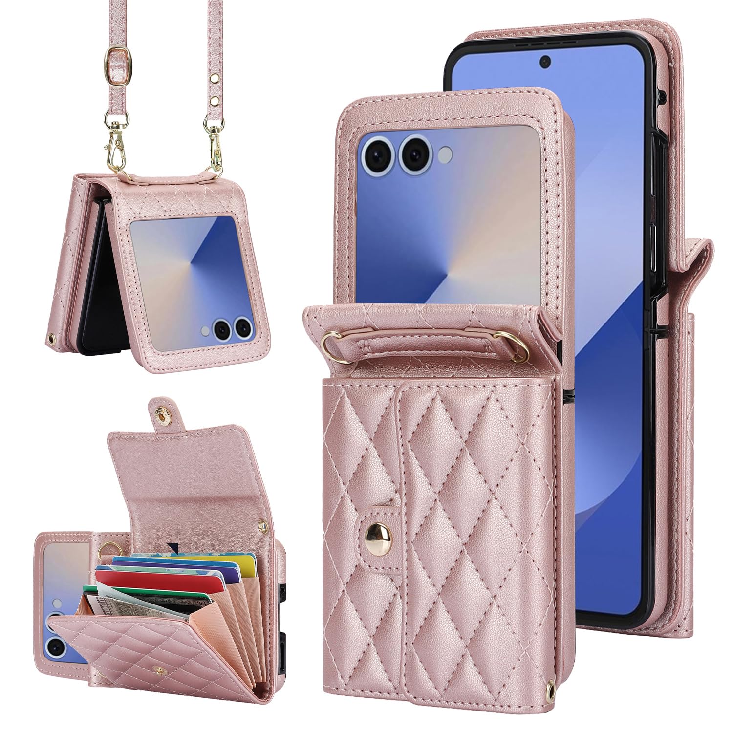 Etui na telefon Samsung Galaxy Z Flip 7, akordeon, 4 przegródki na karty, blokada RFID i regulowany pasek – stylowe i wszechstronne akcesorium (różowe złoto)