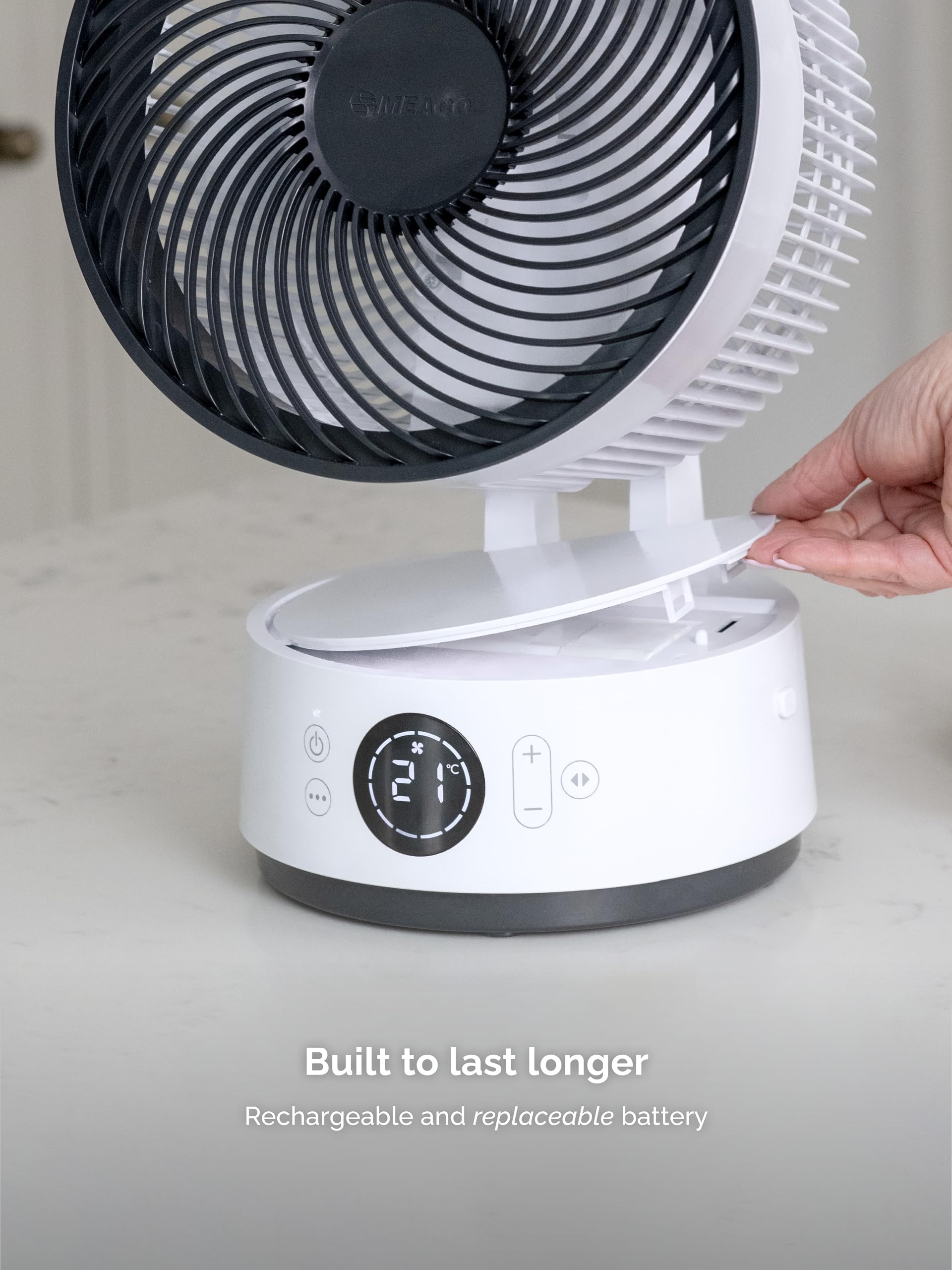 Meaco Fan Sefte® Tragbarer Akku-Luftzirkulator, 15,2 cm, 12 Geschwindigkeiten, 22 dB ultra-leise, kabellos, oszillierender Tischventilator, wiederaufladbar + Fernbedienung, 26 Stunden Laufzeit, 16 m