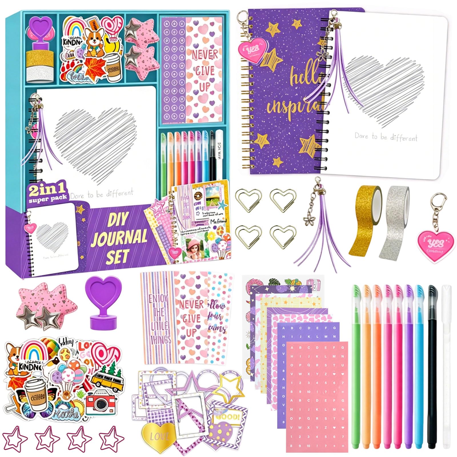 wiksite 2-Pack DIY Journal Kit for Girls - Gifts for Girls Ages 8 9 10 11 12 13 14 Year Old, Arts and Crafts Stationery Set for Teen Girl Trendy Stuff, Scrapbook & Diary Set - Birthday Easter Gifts