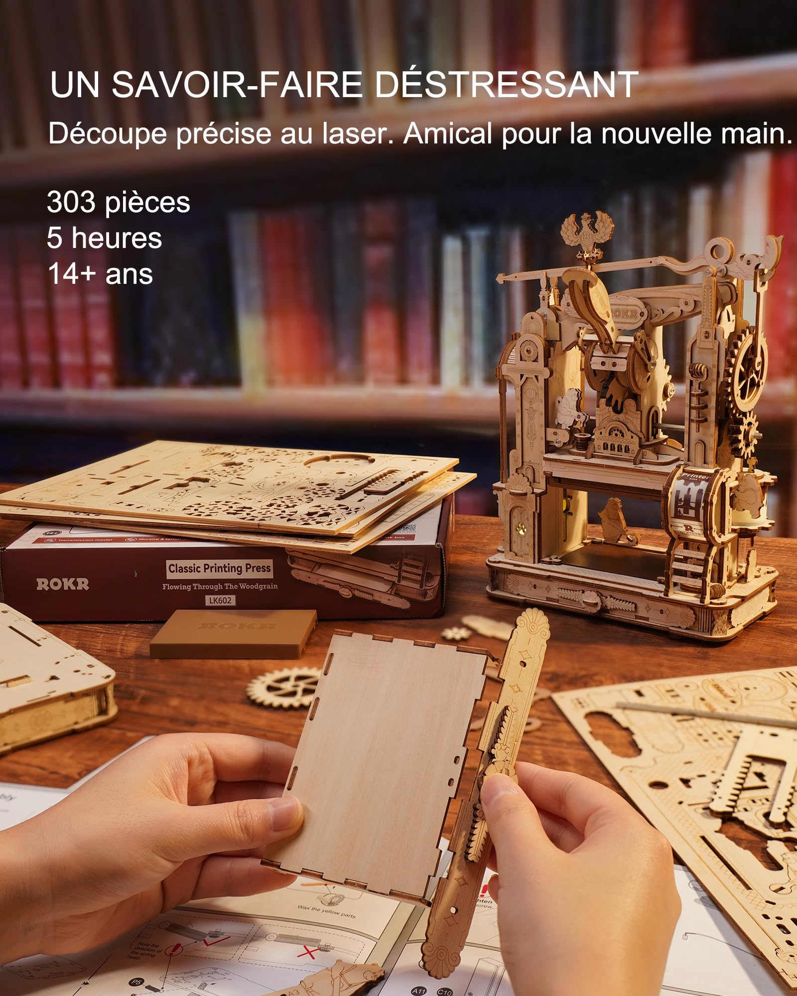 ROKR Maquette en Bois a Construire Puzzle en Bois 3D Presse à Imprimer Classique, Cadeaux pour Adultes et Enfants, Classic Printing Press, LK602