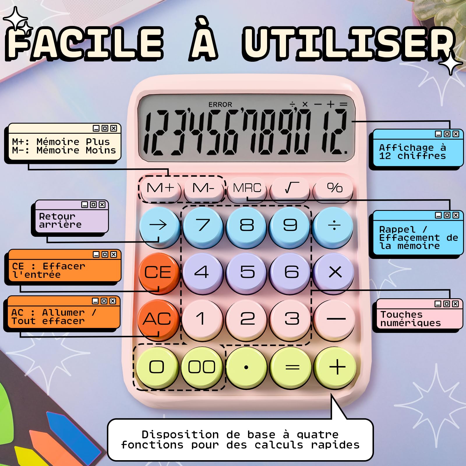 Calculatrice Rose Zeno – Calculatrice de Bureau Grandes Touches 12 Chiffres