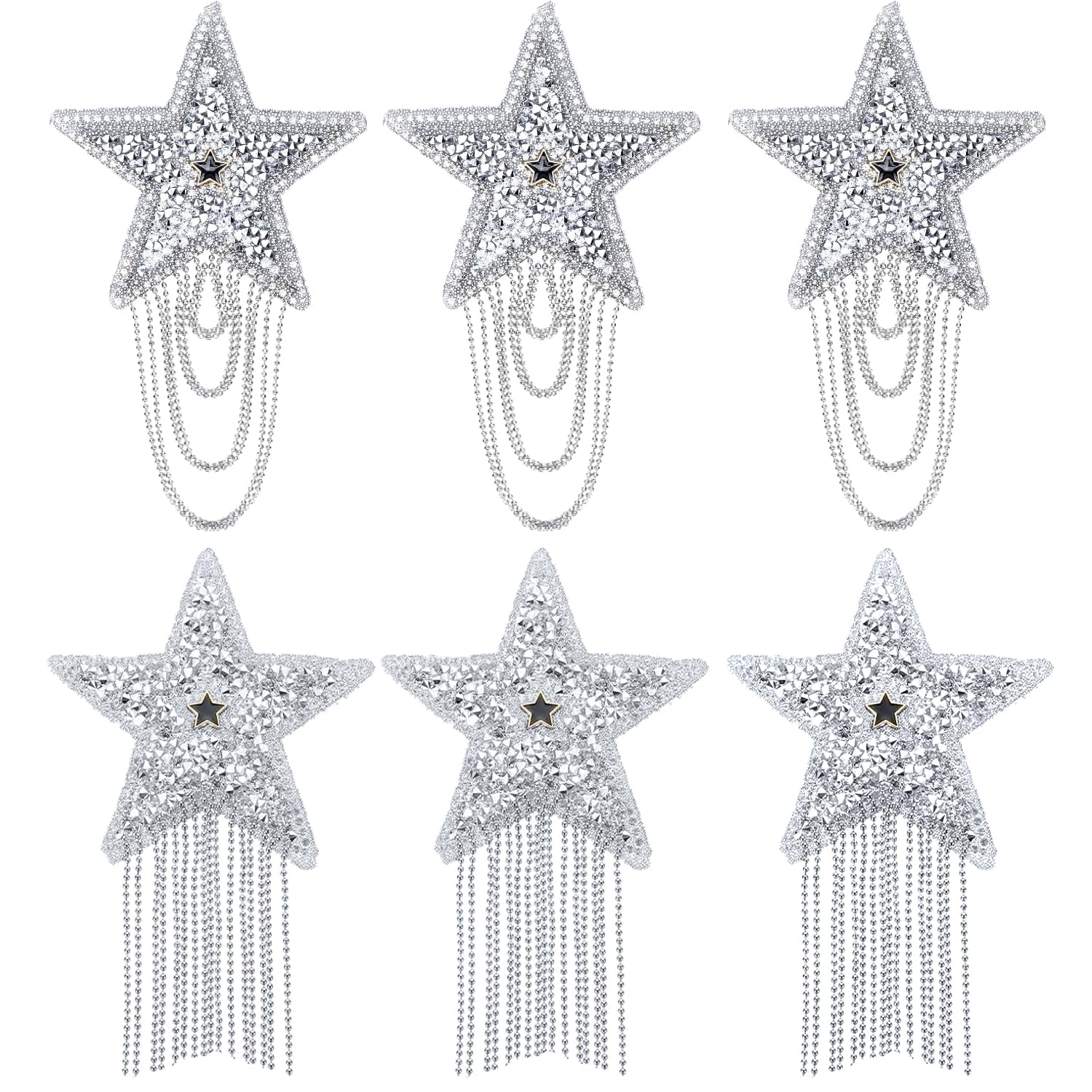 6 Pcs Star Iron on Patches for Clothing,Shiny Silver Rhinestone Tassel Five Pointed Star Pattern with Chains for Hats Jeans Bags DIY Crafts