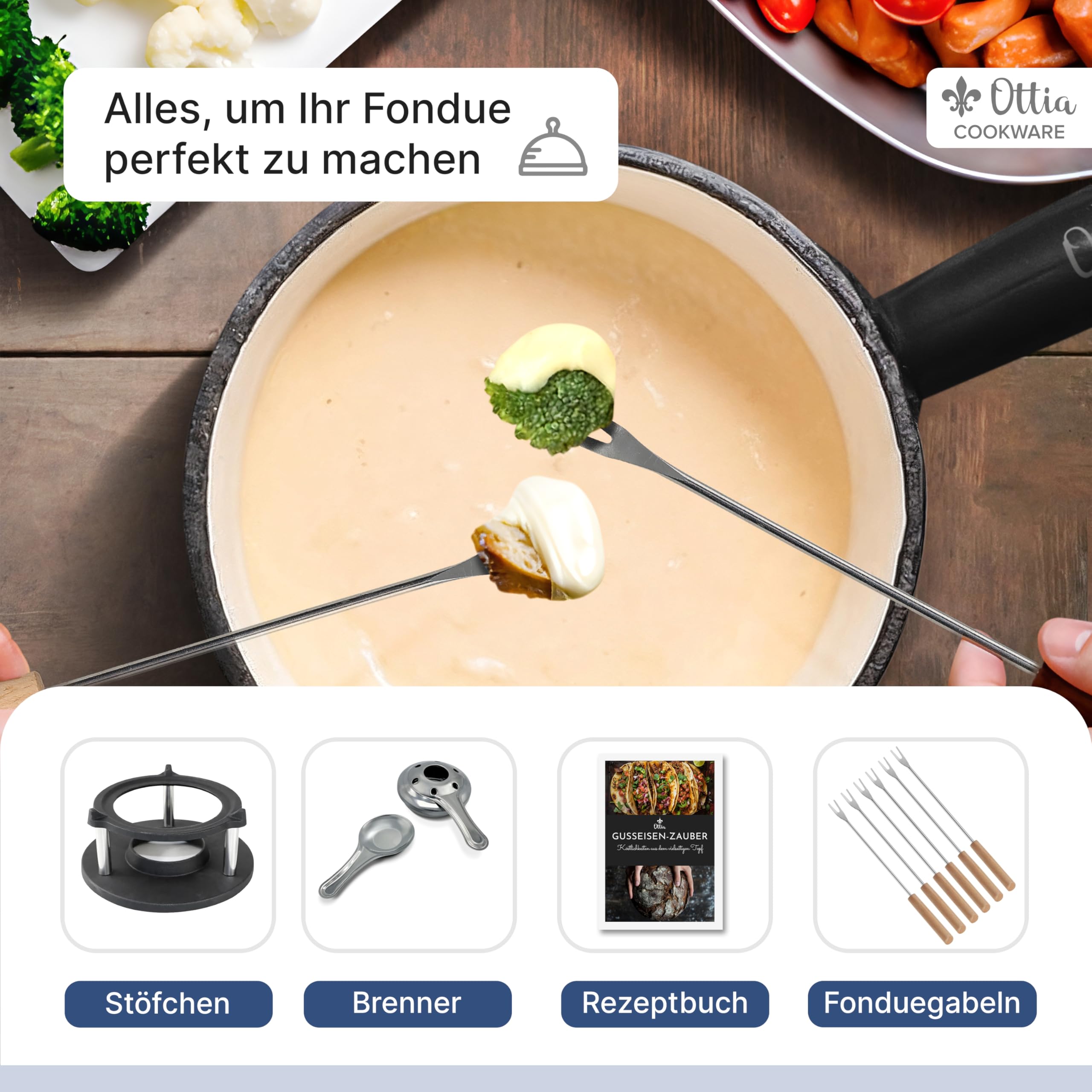 Ottia HH Service à fondue en fonte et émail pour 2, 3, 4, 5, 6 personnes Convient pour fondue au fromage, à la viande, au chocolat, sans substances nocives, avec brûleur, fourchettes et livre de