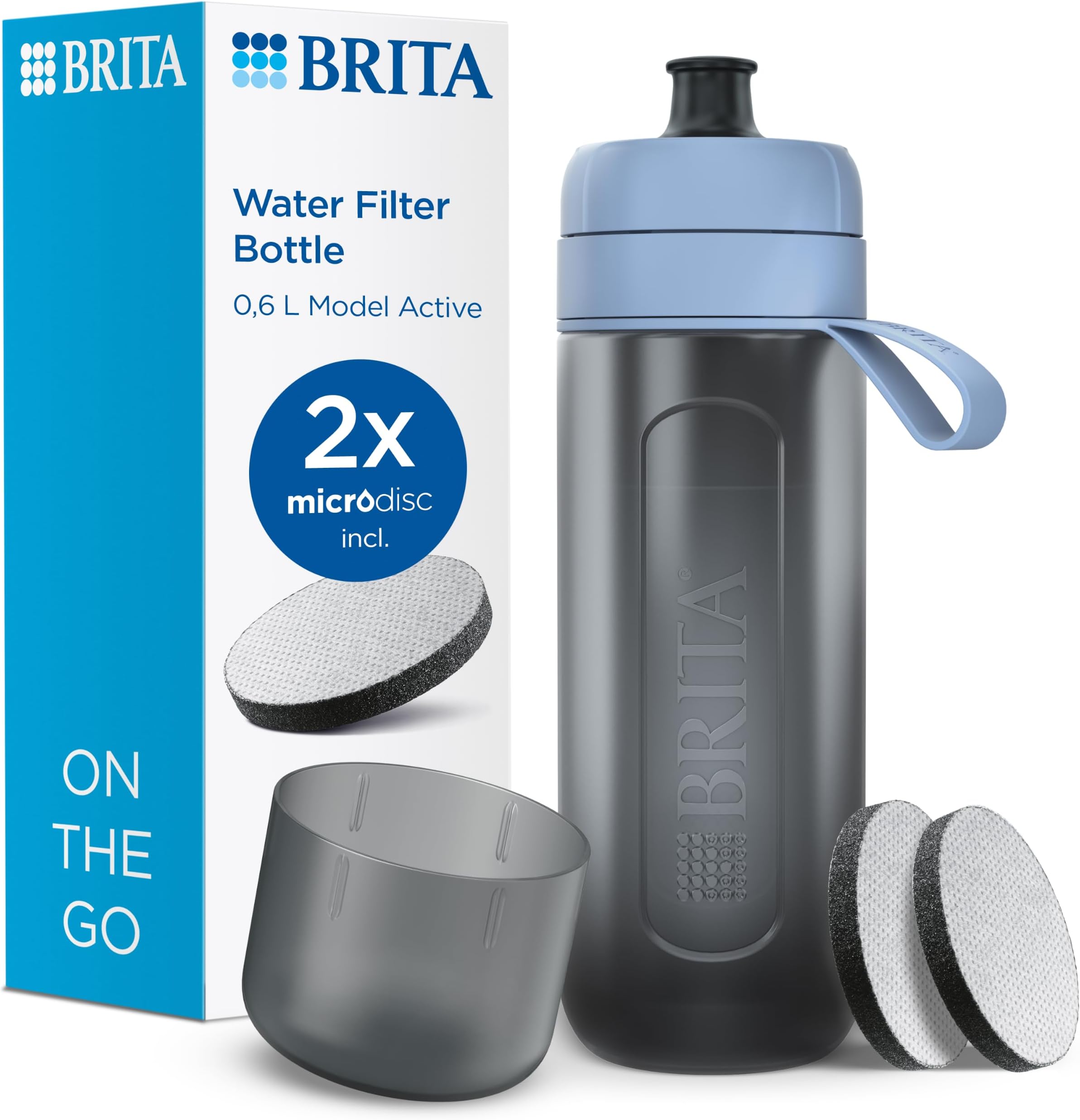 BRITA Sports Water Filter Bottle Model Active (600ml), 2x MicroDisc Filters
