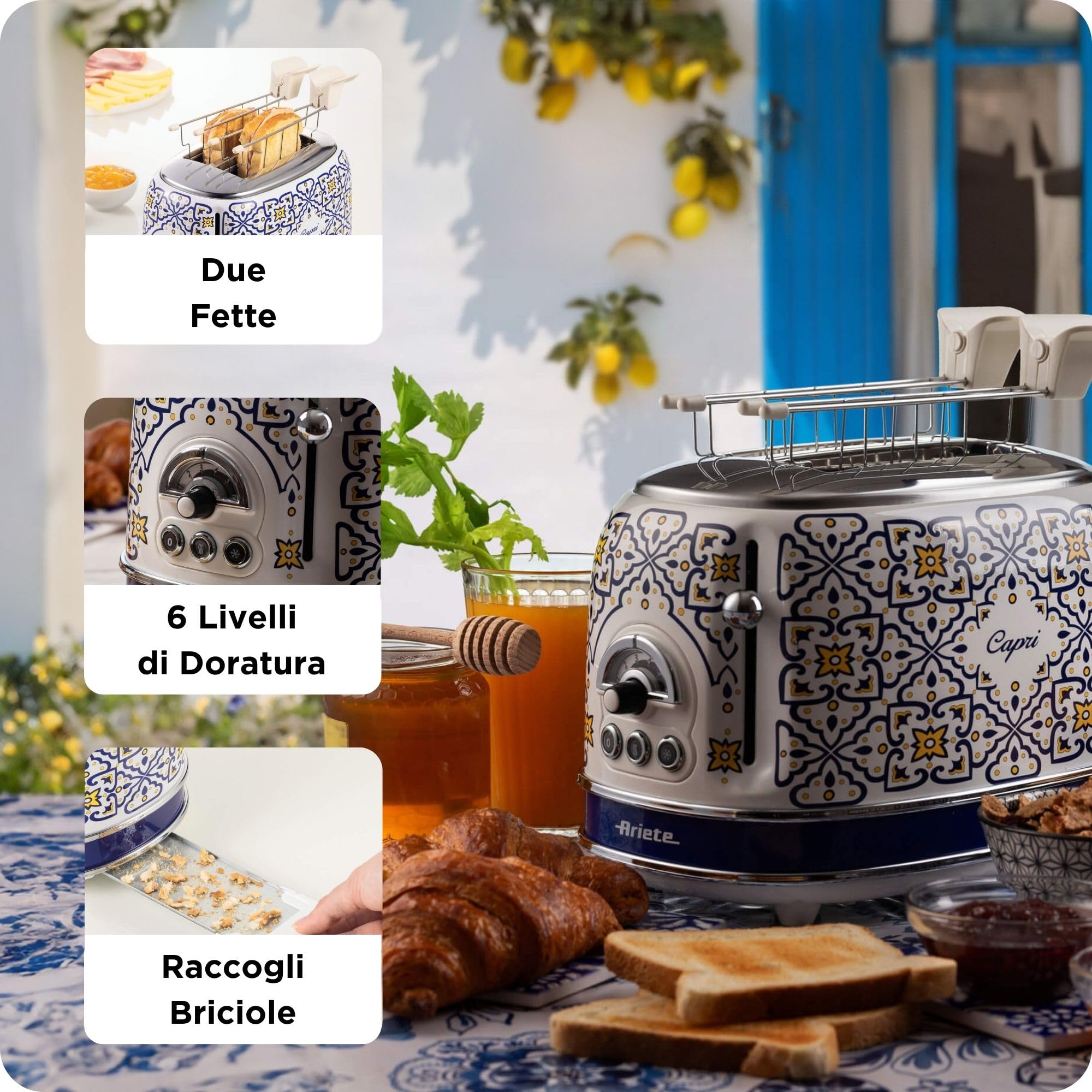 Ariete 155 Tostapane Capri, 810W, 2 fette, 6 livelli di doratura, Vassoio raccogli briciole, Funzione defrost, Espulsione automatica, Con pinze, Bianco e Blu