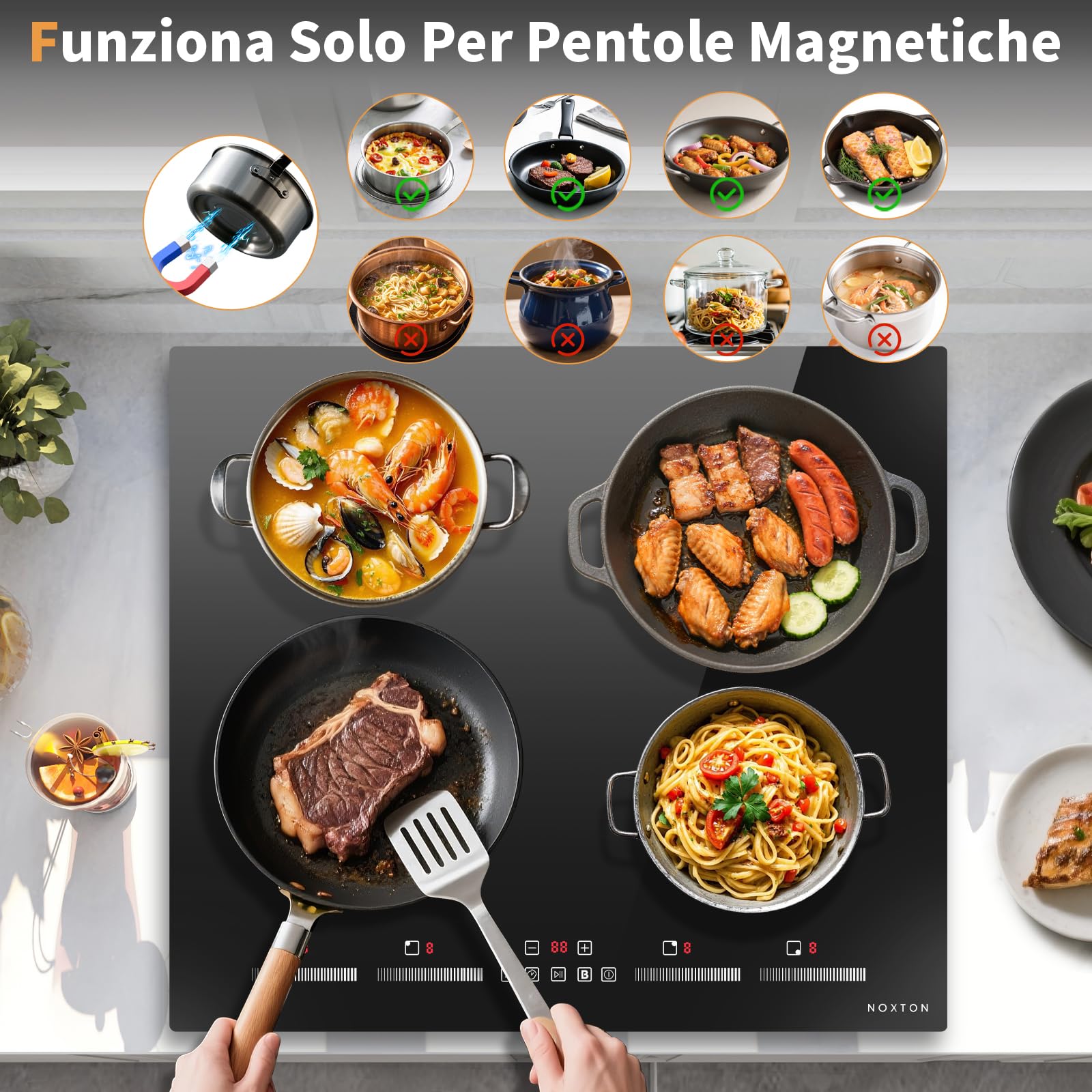 NOXTON Płyta Indukcyjna 60 cm do Zabudowy z Funkcją Booster, 4 Palniki z Suwakiem, Timer, Zabezpieczenie Przed Dziećmi, Pauza, 220-240 V, 7200 W