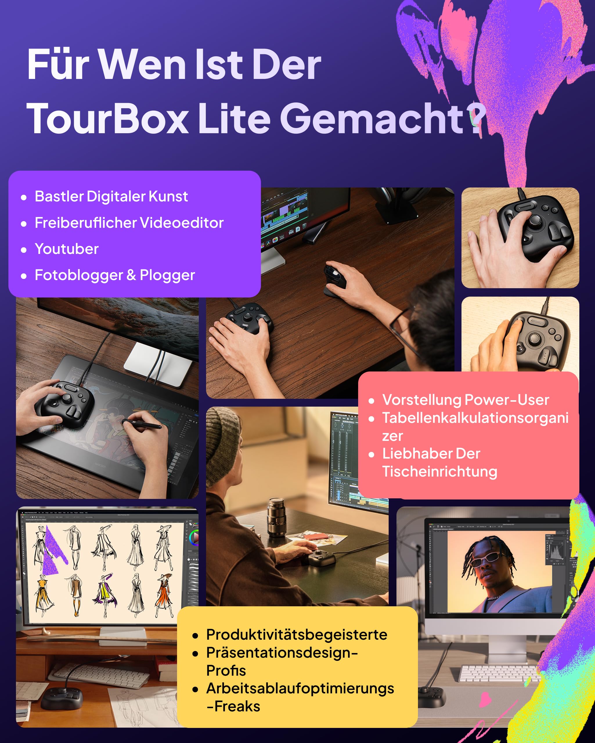 TOUR BOX Lite Bluetooth, Kompakte Bearbeitungstastatur Makro-Controller mit anpassbarer Software für Digitale Künstler, Fotografen, Editoren, Content Creator – Effizienz in Farbe (Schwarz)