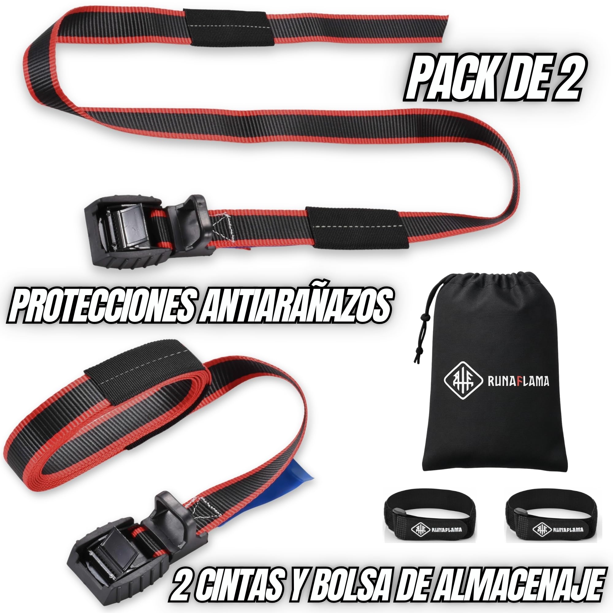 Cinchas de Amarre con Protección - Eslingas de Amarre para Baca, Surf, Kayak, Remolque Moto - Trinchas de Sujeción a Portabicicletas - Resistencia rotura 500 kgf por Cinta - 2 Correas 2,5m - 3