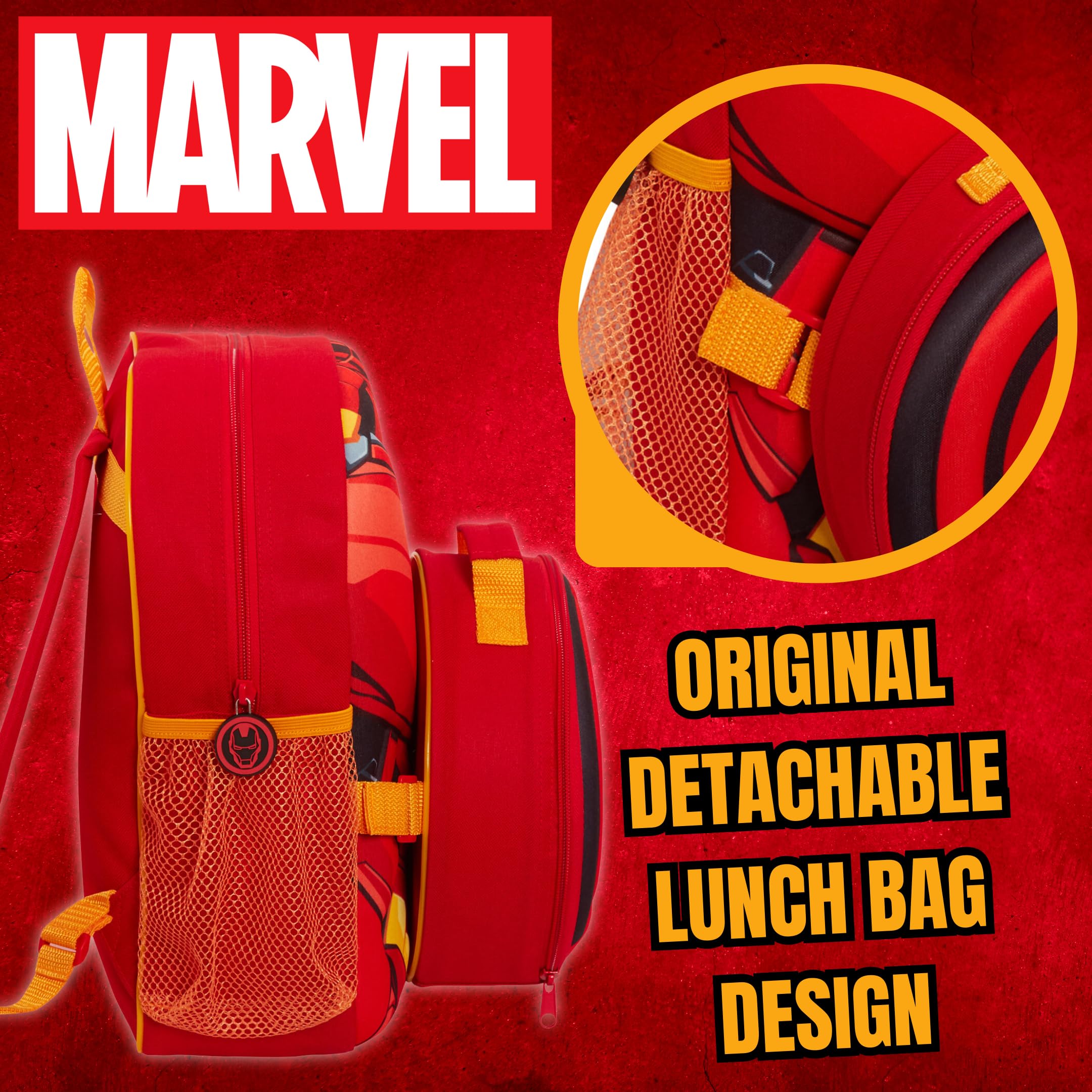 Marvel Kinder Iron Man Rucksack Avengers Abnehmbare Lunchtasche Wasserflaschenhalter passendes 2-teiliges Set