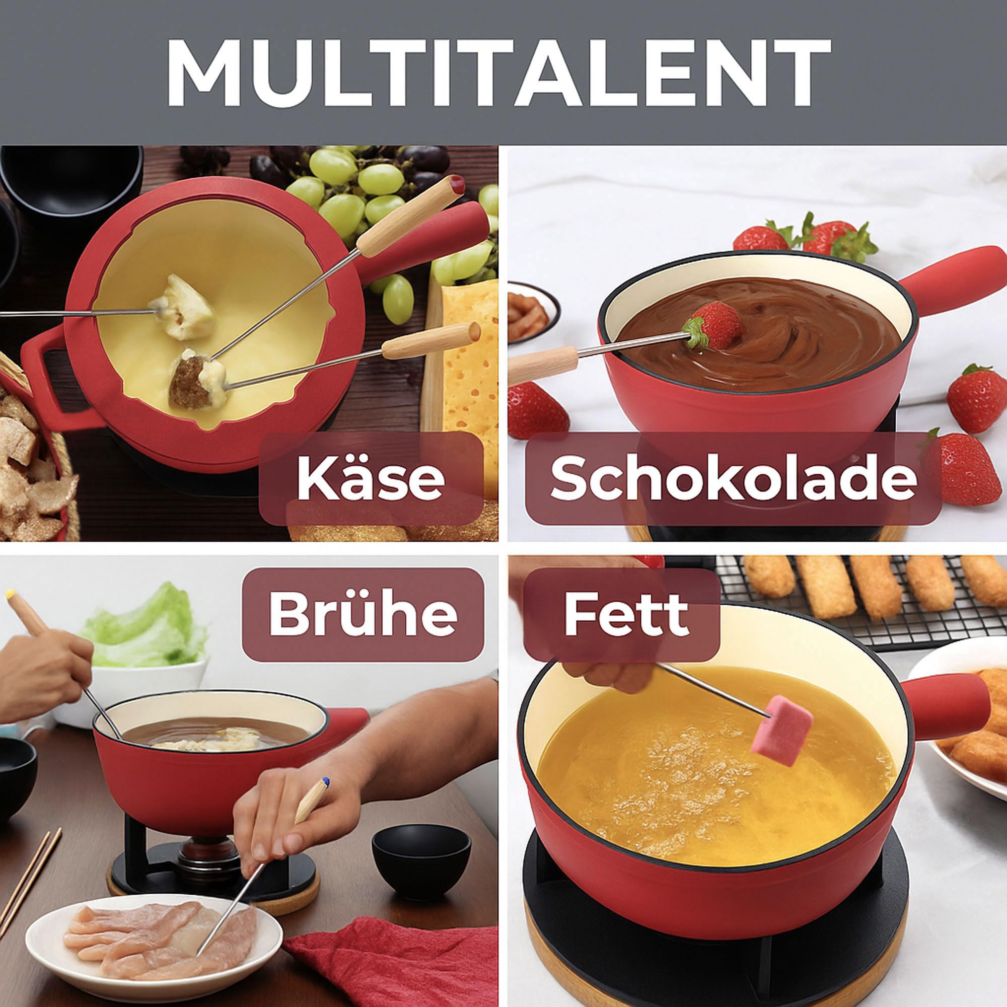 osoltus Fondue | Käsefondue | Fleischfondue Set Gusseisen 6 Personen Emaille | 13 TLG. inklusive Holzbrett und Fonduegabeln (rot matt)