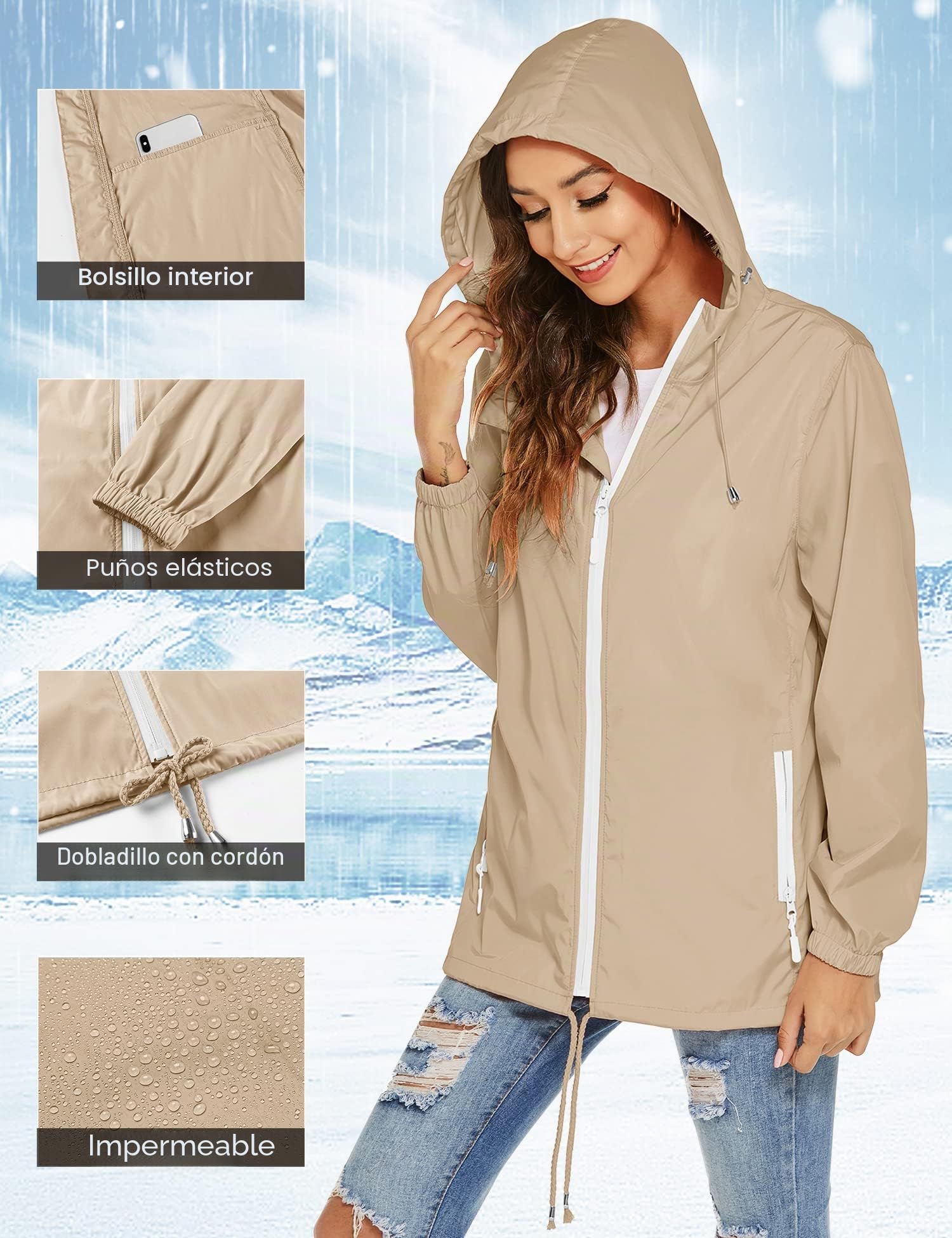 Rapbin Chubasquero para mujer, impermeable, ligero, cortavientos, plegable, con capucha, para correr al aire libre