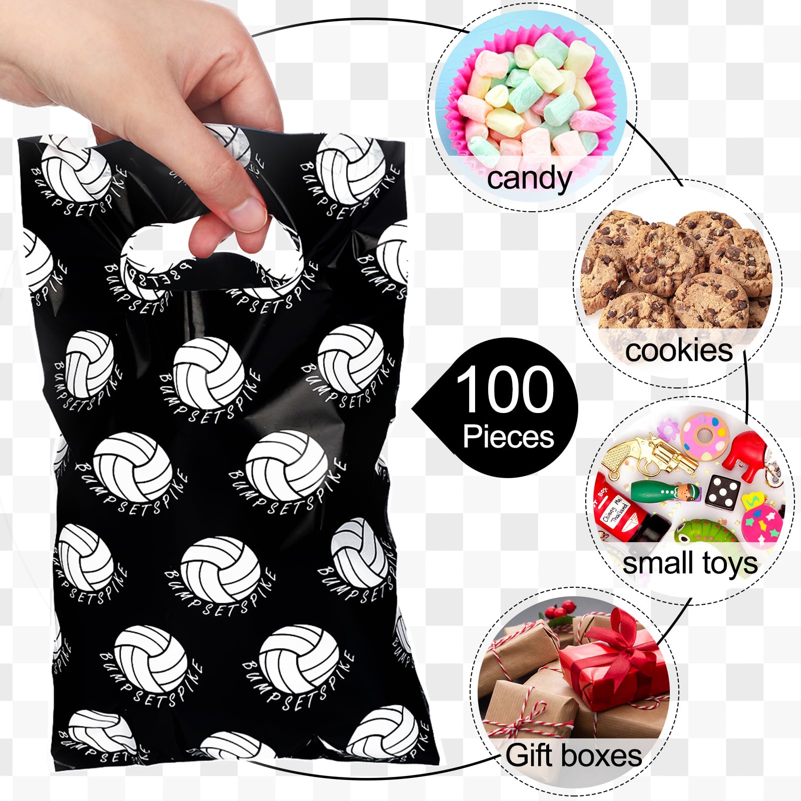 Teling 100 Pcs Volleyball Gift Bags with Handles 9.84 x 6.3 Inch Volleyball Cellophane Party Treat Candy Goodie Bags for Sport Theme Birthday Party Favor Decoration Supplies(Black)