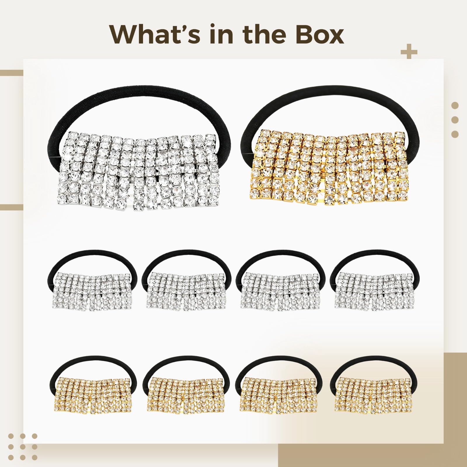 Lot de 10 élastiques à cheveux à strass, accessoires cheveux élastiques avec décor métal or et argent, chouchous pour femme, motif gemme 4,95 x 2,67 cm, 12 g pièce