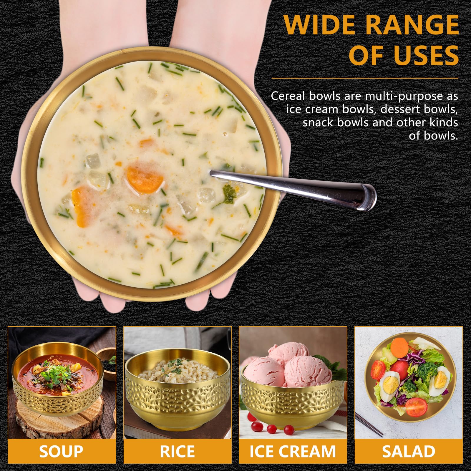2PCS Large 304 Stainless Steel Salad Bowl, 5.9" 25 Oz Double-Walled Thicken Soup Bowls, Gold Cereal Serving Bowls, Metal Mixing Bowls for Serving Fruit Rice Dessert Yogurt Ice cream Kitchen — Amazon image 5