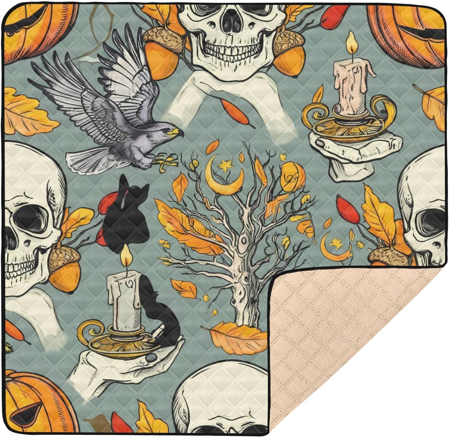 Halloween Skulls & Candles Baby Play Mat, 50“ X 50” Washable Folding Crawling Mat, Baby Floor Mat, Soft, Non-Slip