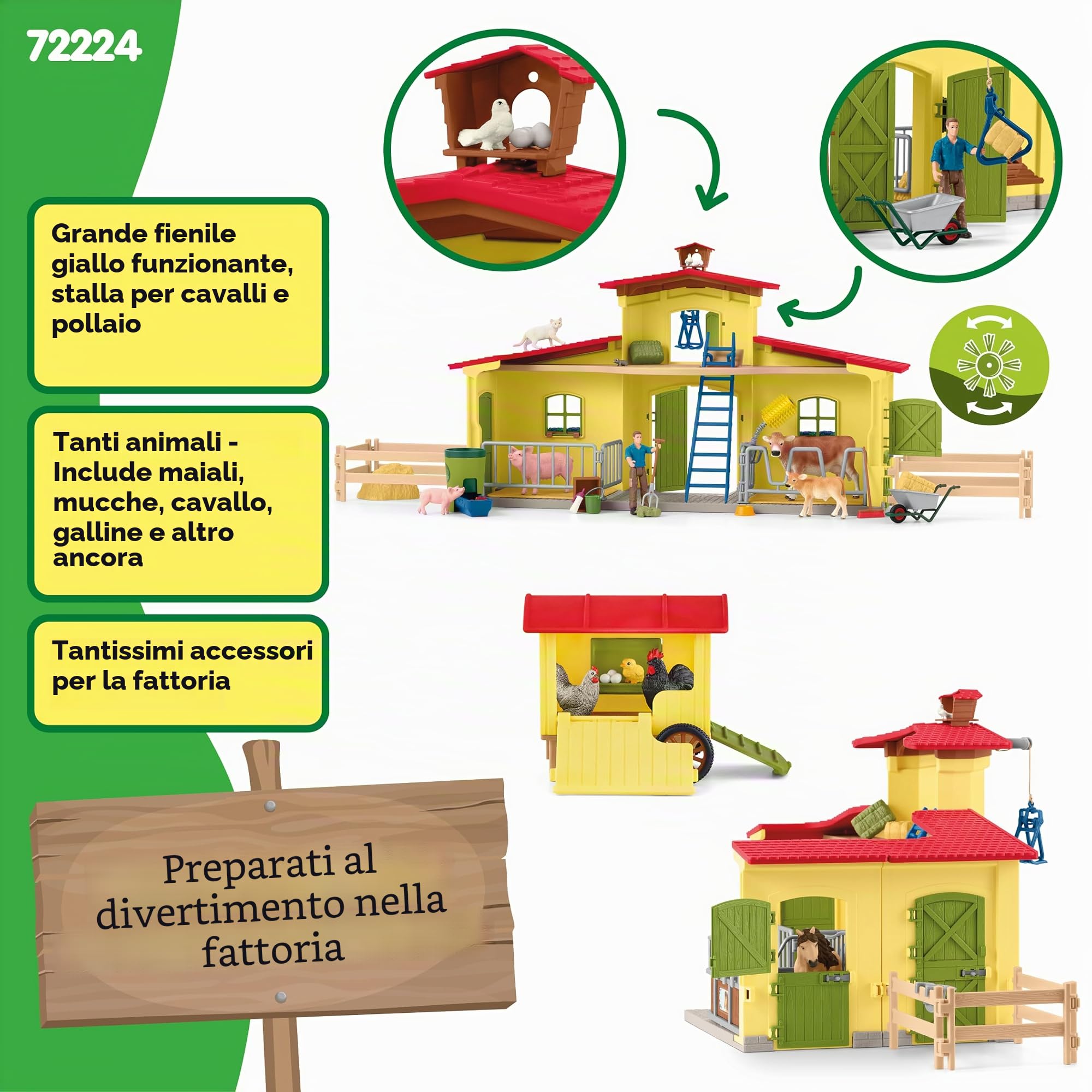 Schleich FARM WORLD | Fattoria con pollai e scatola per cavalli 72224 | set con personaggi, numerose funzioni e tanti accessori | figure realistiche di animali | set da gioco dai 3 anni | 123 pezzi