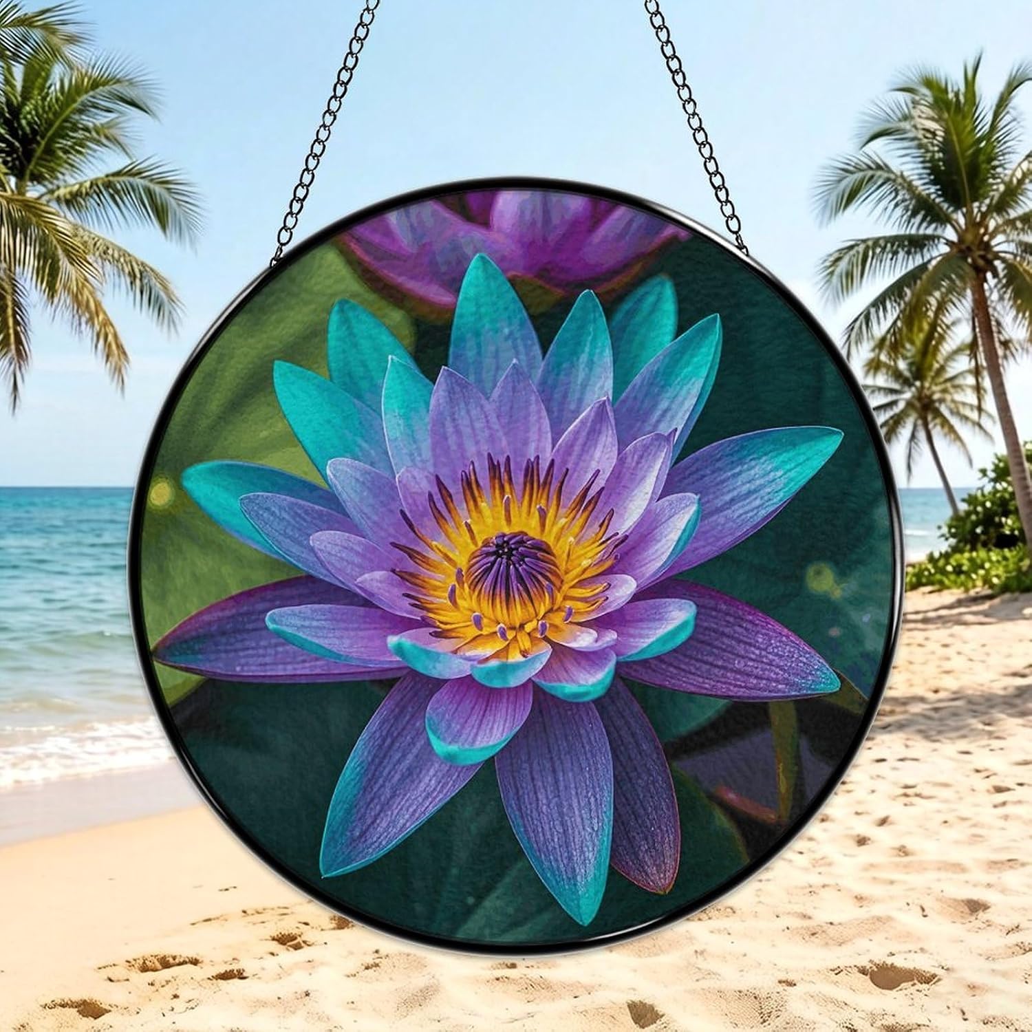 Stained Glass Hanging Sign Suncatcher, Purple and Teal Flower