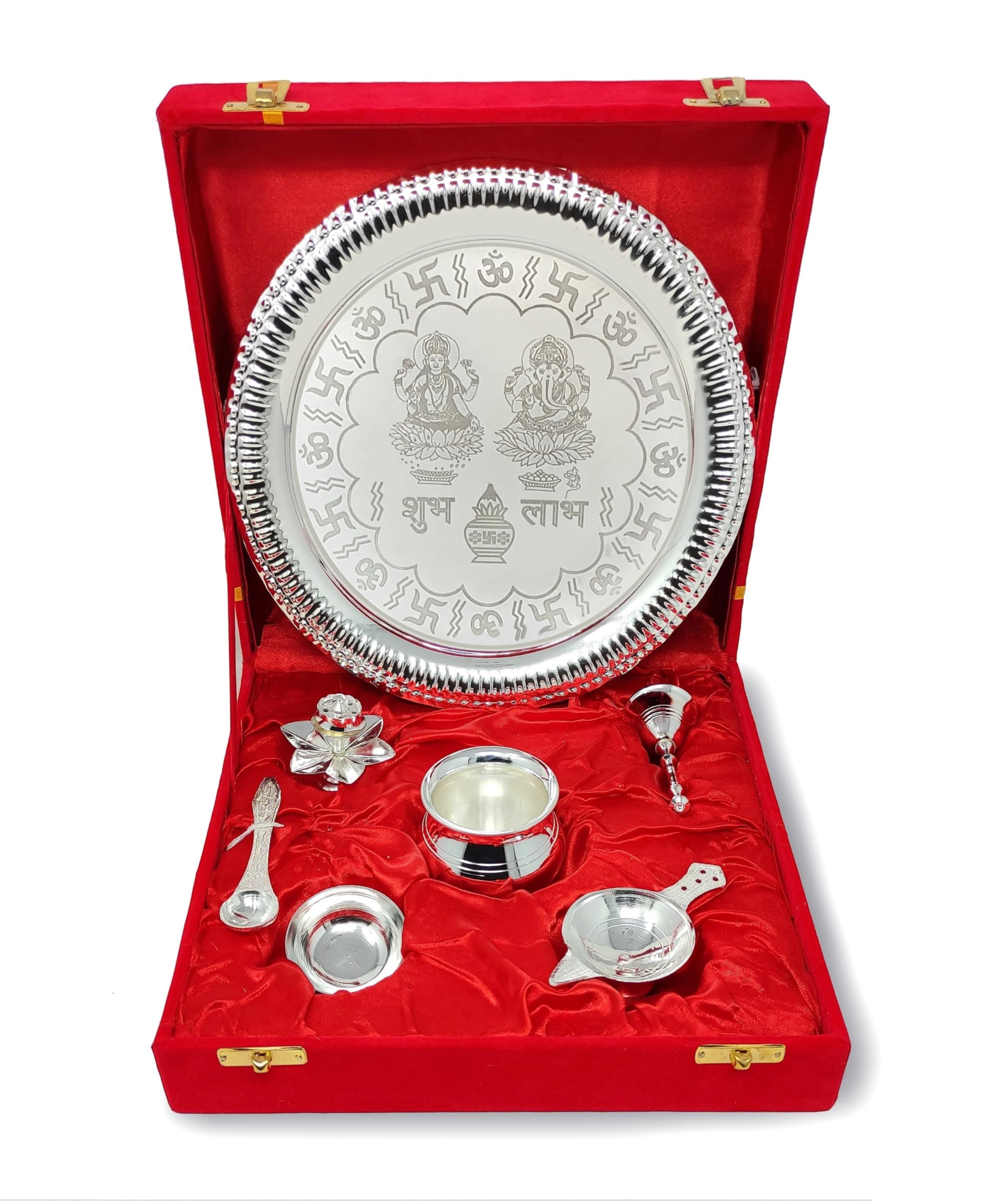 NOBILITY Pooja Thali Set chapado en plata con caja de regalo roja diseñada con plato Puja de 22 cm, cuenco Kalash, cuchara Ghanti Dhup Dan Diya para casa, oficina, Diwali, boda, artículos de regalo