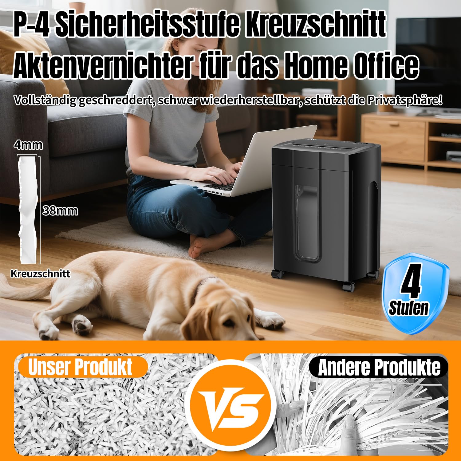 Aktenvernichter, leise 45 dB, Betriebsdauer 45 Min., 15 Blatt, Sicherheits-C-Schnitt P-4, herausnehmbarer 18-Liter-Abfallbehälter, Anti-Papierstau, mit Rollen – für Büro und Zuhause – schwarz