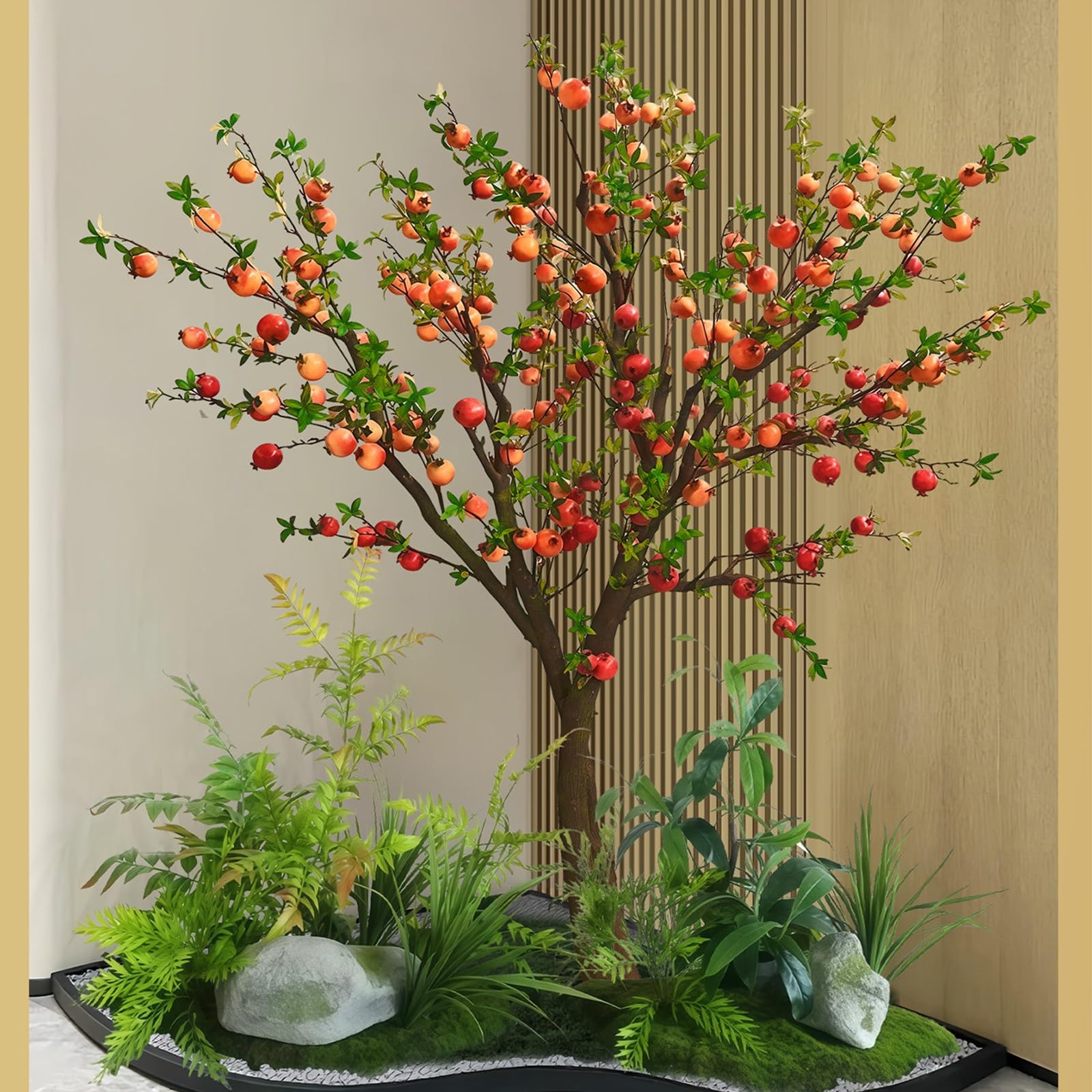 Indoor Decorative Artificial Pomegranate Tree, Realistic Simulation Fruit Tree Large Floor Standing Faux Greenery for Hotel Lobby
